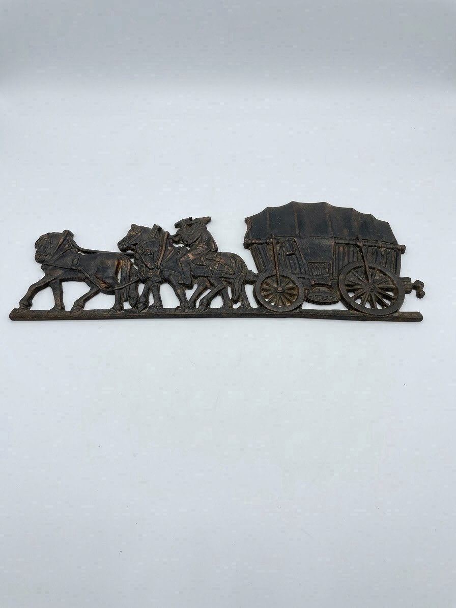 Vintage Cast Iron Covered Wagon Stagecoach Horse Team Wall Plaque Western Decor 