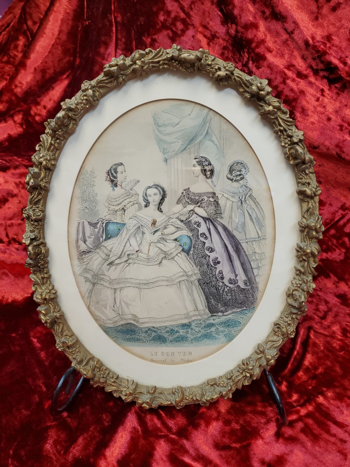 Antique Victorian Wood Gesso Oval Frame Le Bon Ton Engraving Artwork
