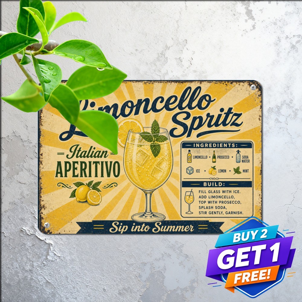 Italian Limoncello Spritz Cocktail Recipe Bar Wall Plaque Metal Tin Sign Art