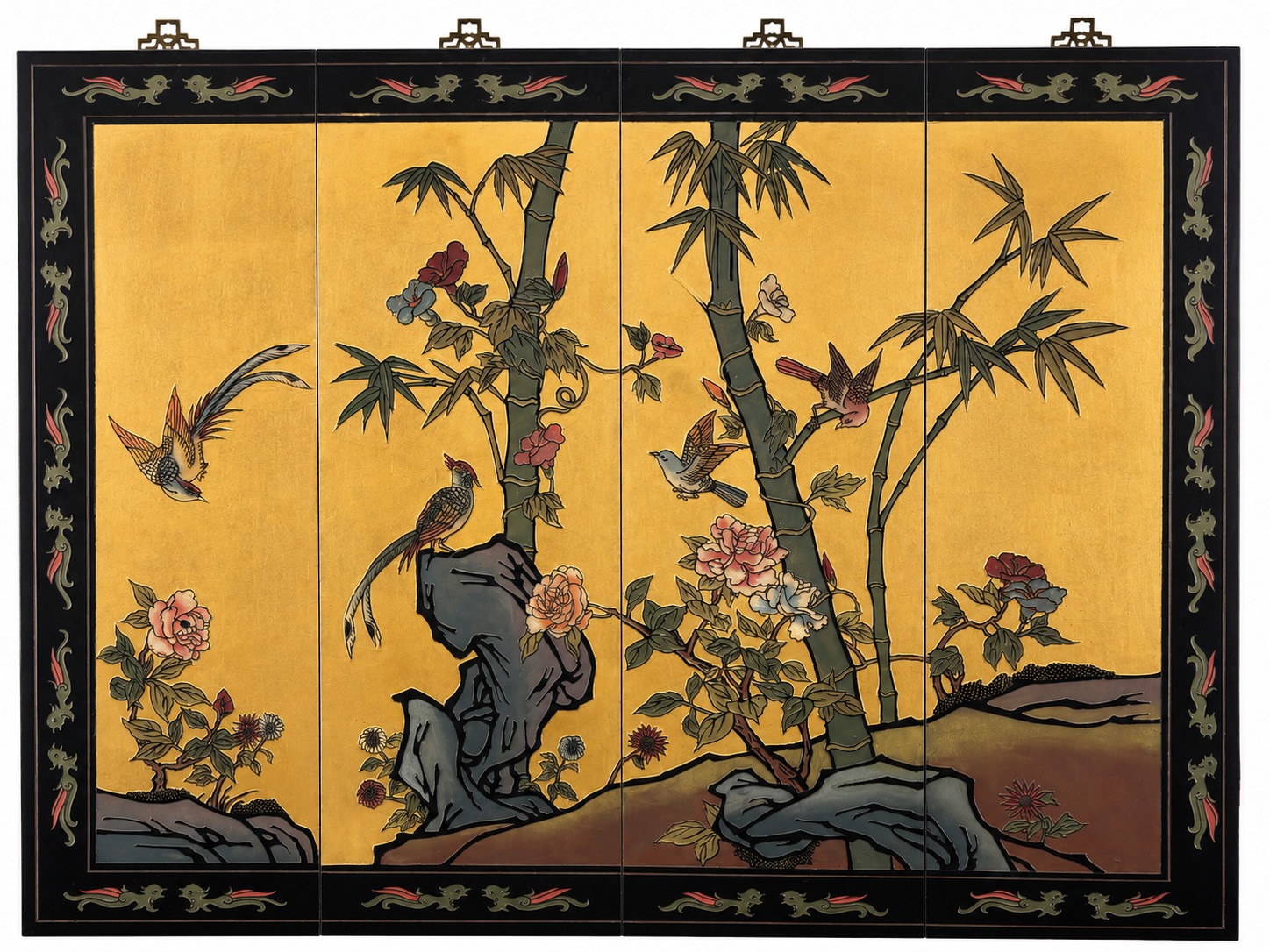 Vintage Chinese Four Panel Wall Art Gold Leaf Birds Bamboo Floral Hanging Decor