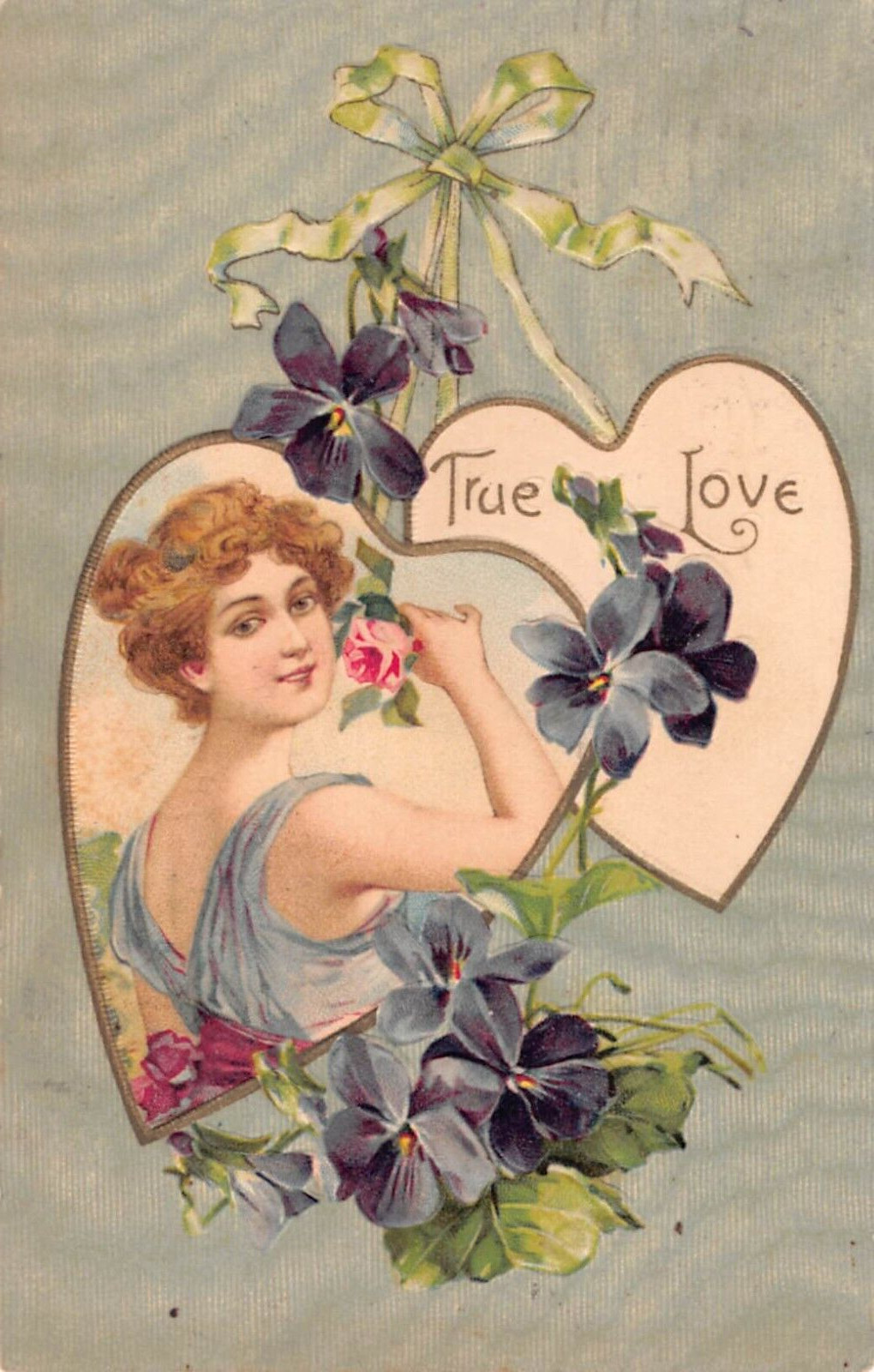 1907 Valentine's Day PC-Violets by Hearts Around Lovely Lady Smelling a Rose