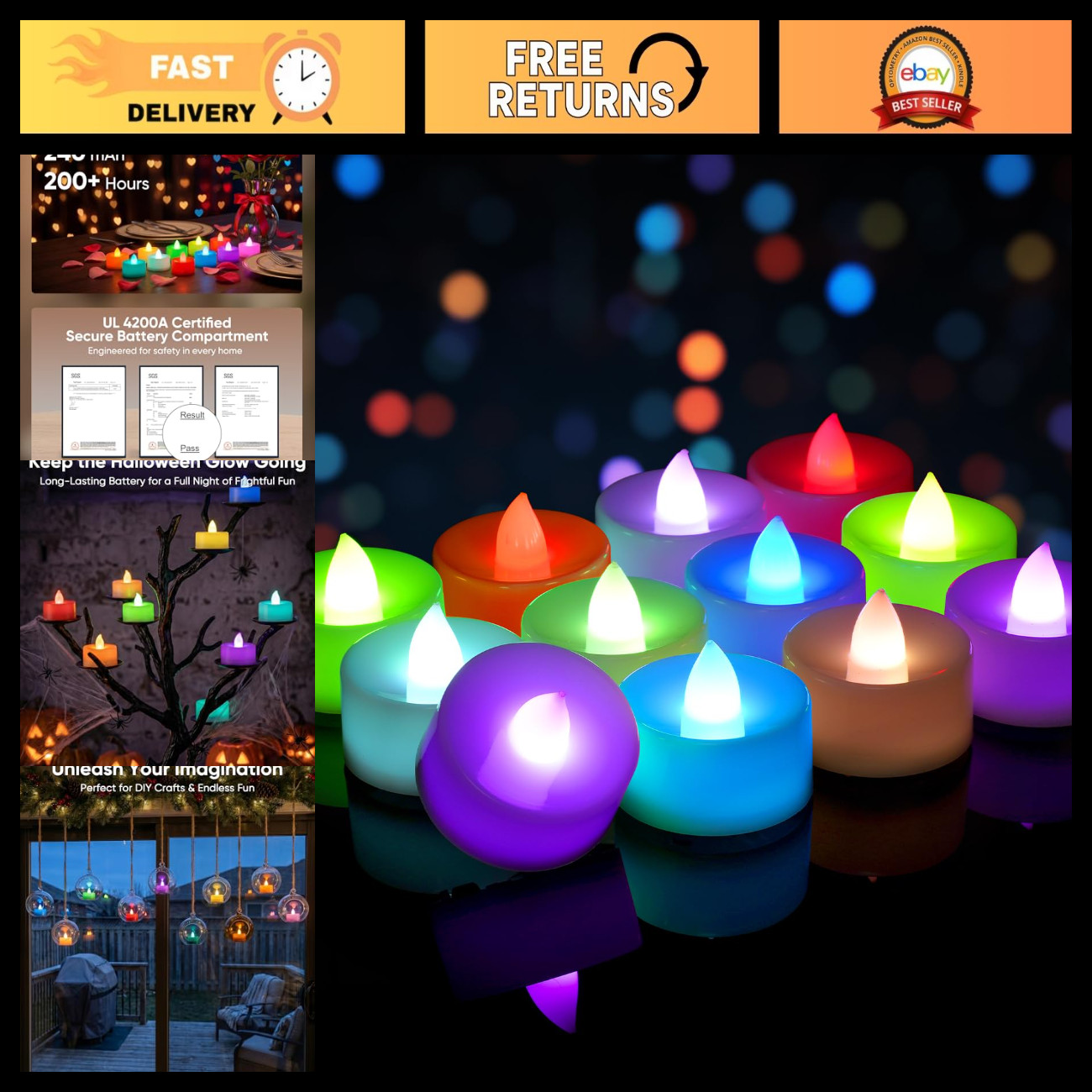Homemory 50-Pack 7-Color Changing Flameless Tea Light Candles, 200+ Hours
