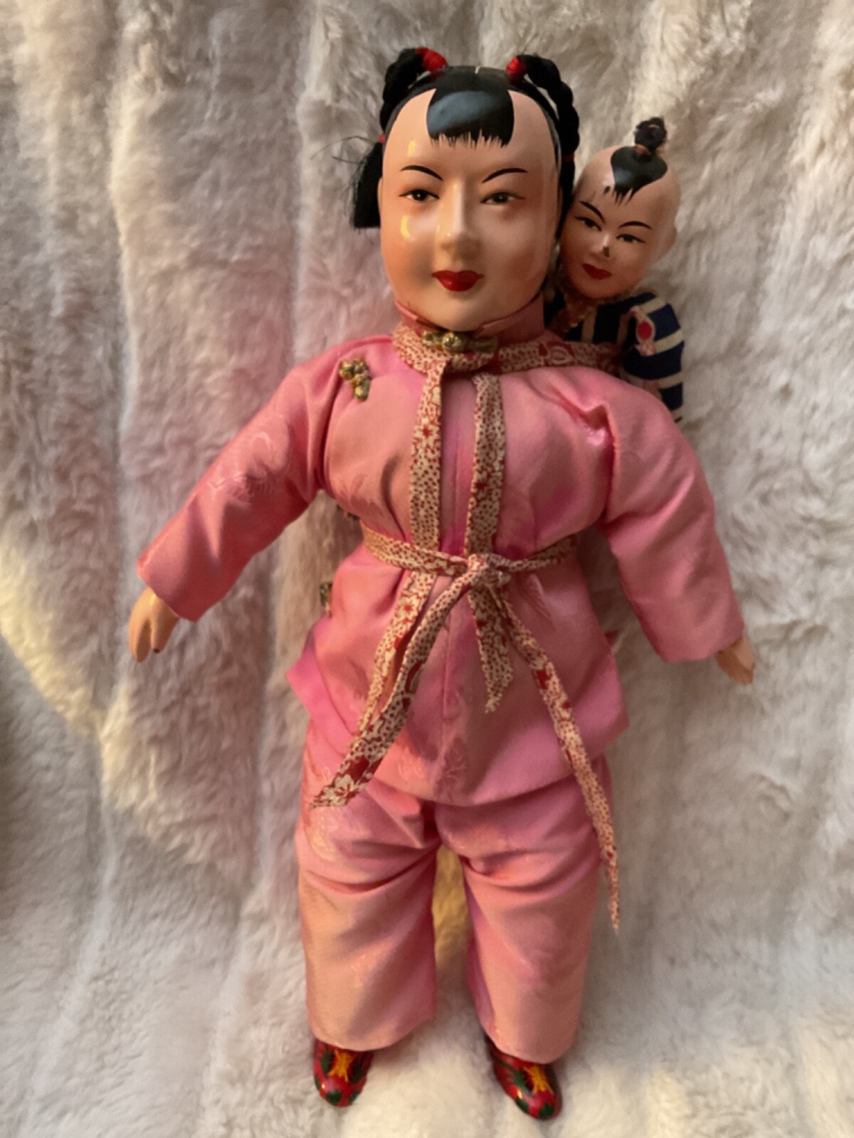 Rare Find- Vintage 12” Pink Chinese Sawdust Body Amah Mother - Child Dolls