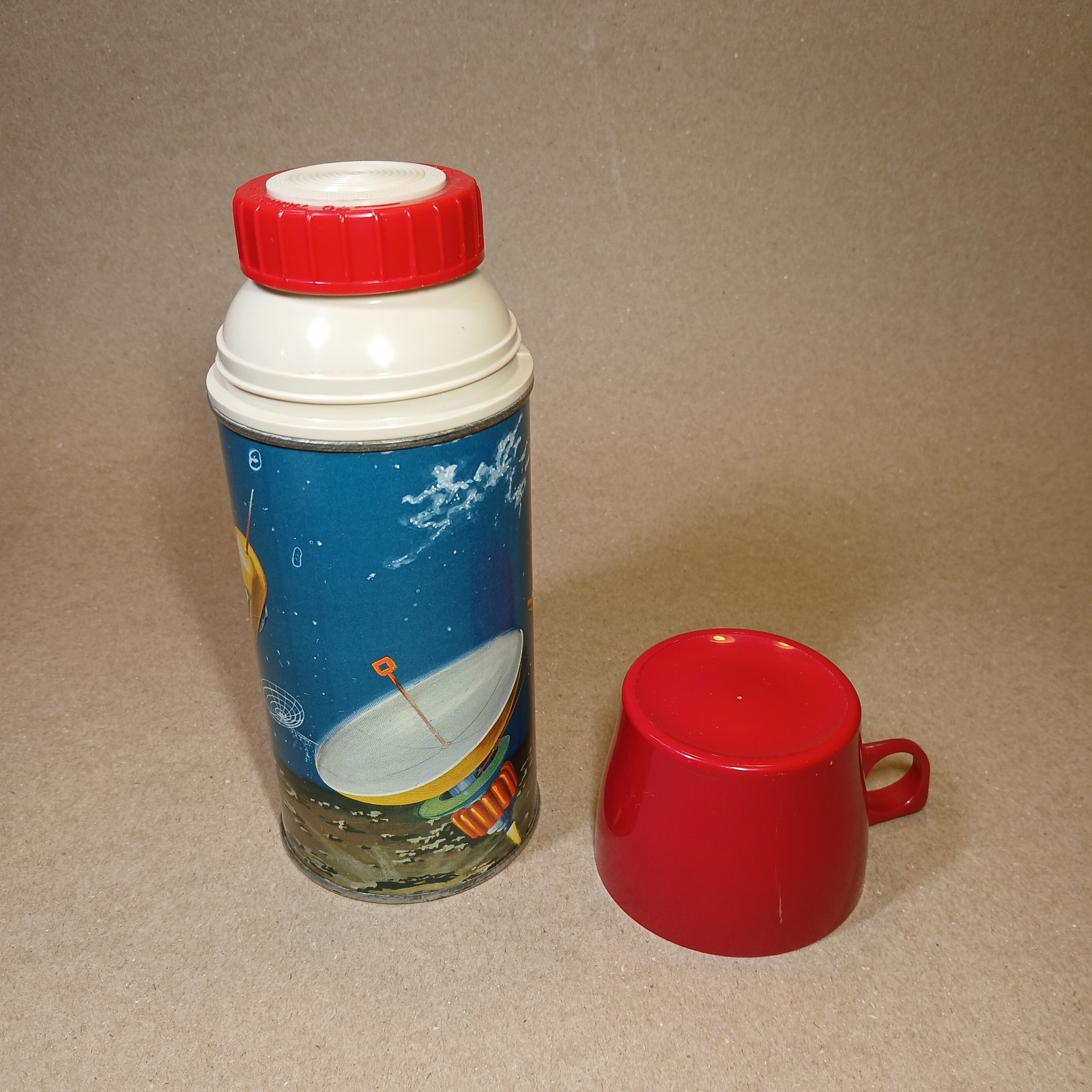 Vintage 1958 Thermos Holtemp Glass w Cup & Lid 10oz Space UFO Rocket Satellite