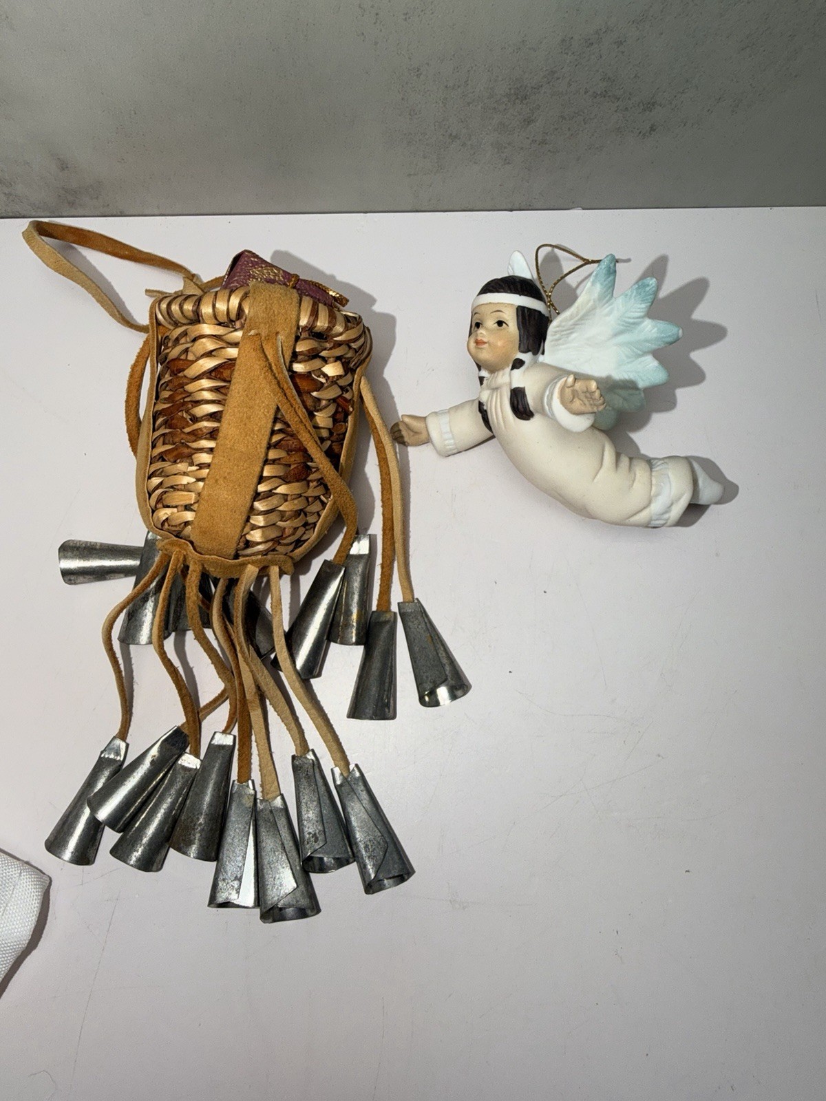 Vintage Miniature Apache Burden Basket Porcelain Native Angel Christmas Ornament