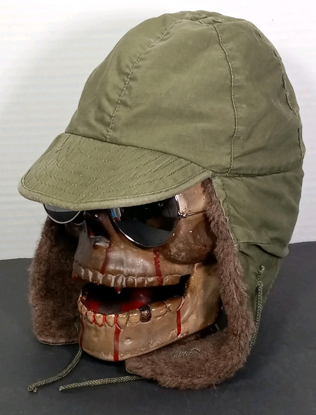 Vintage 1953 US Army M-1951 Field Pile Cap Hat Korean War Olive Green Ear Flaps