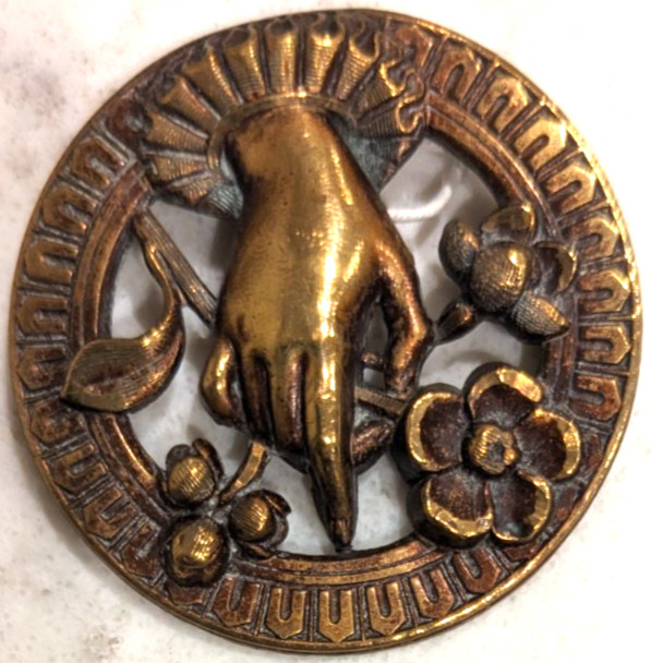 Large Antique Victorian Pictorial Button Hand holding Flowers Pierced Bronze