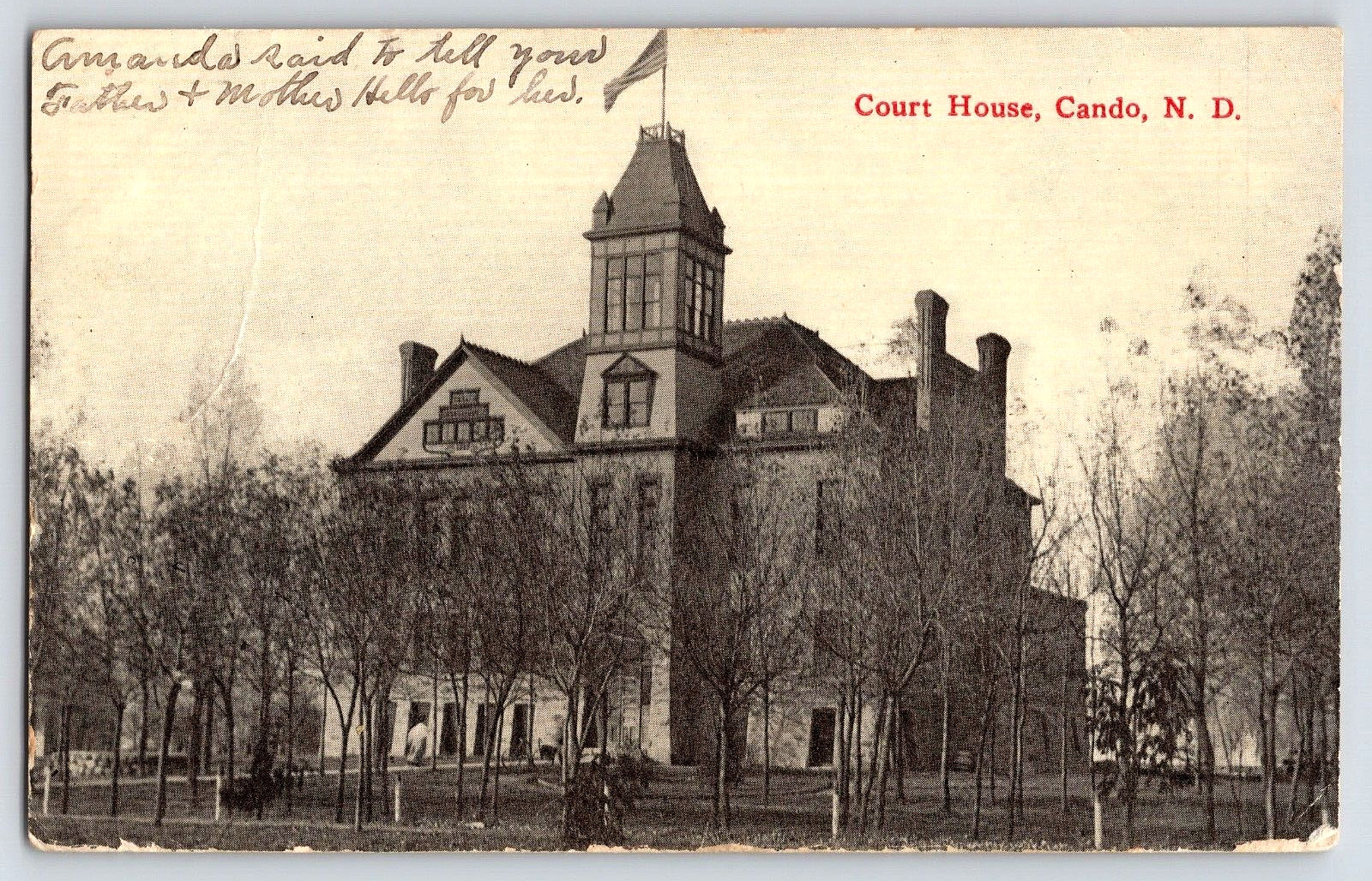 Antique Vintage Postcard Court House Building Flag Cando North Dakota USA 1914