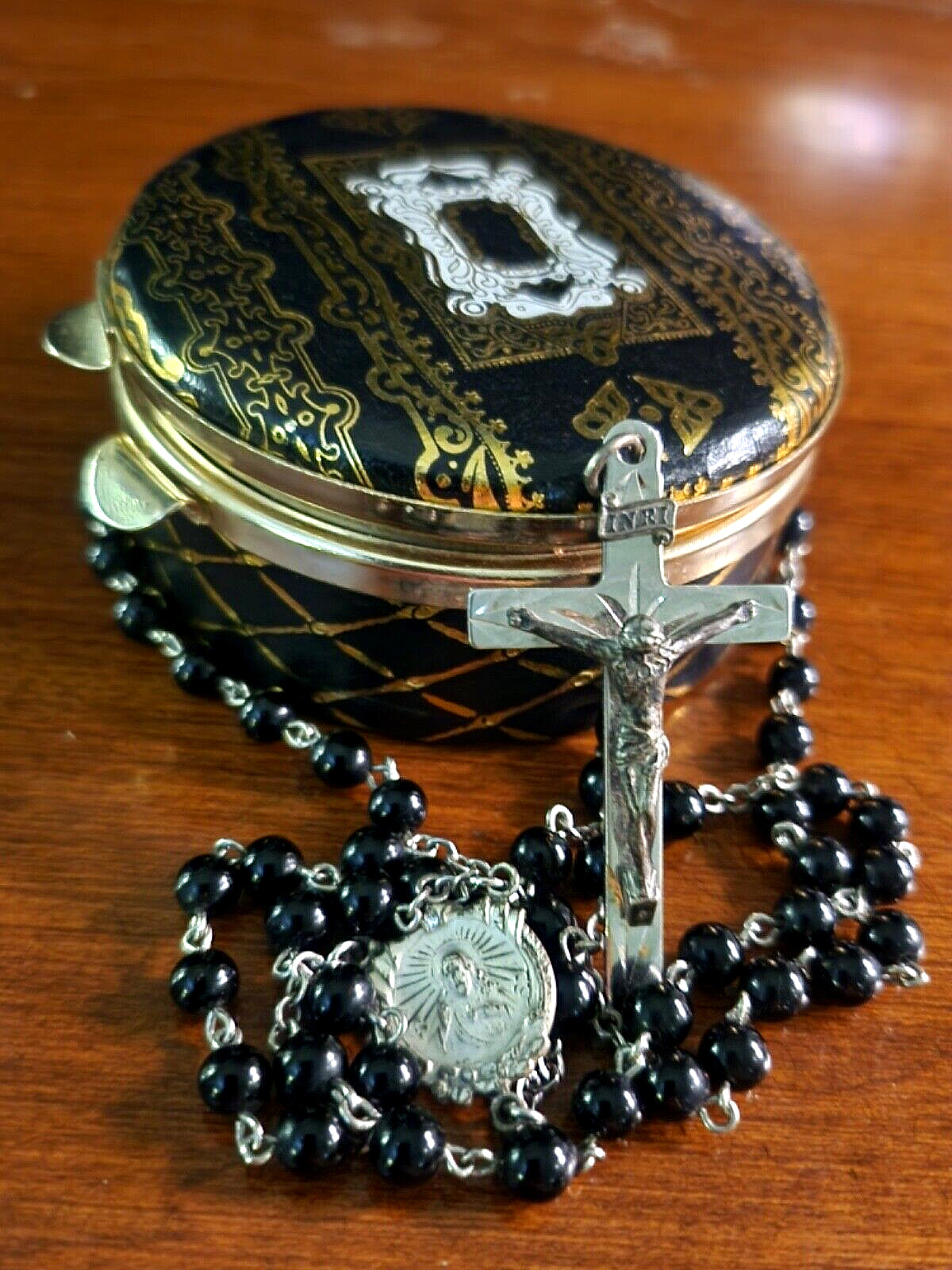Vintage AG INC Sterling Silver Rosary Black Glass Beads & Vtg Paper Covered Case