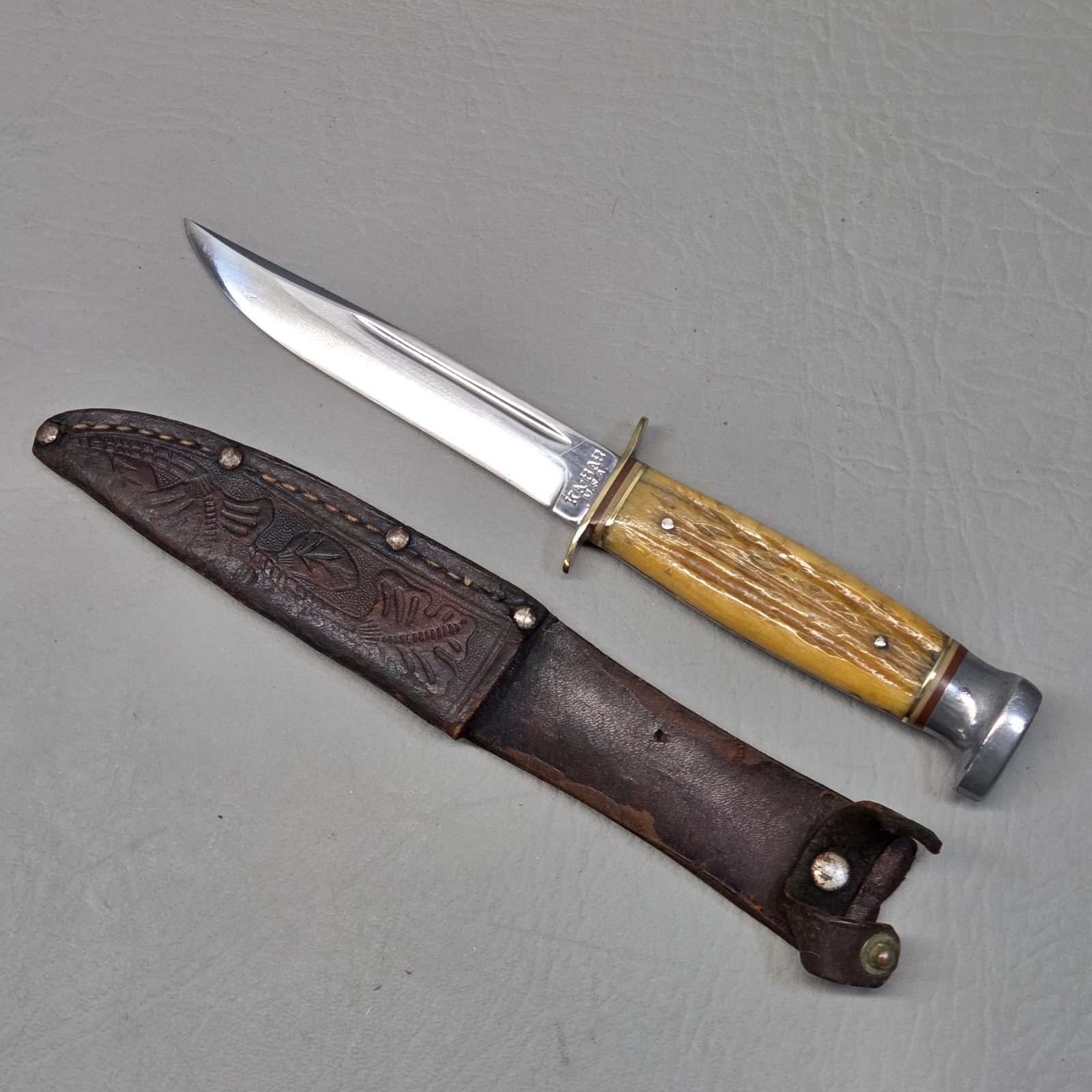 Vintage KA-BAR USA Stag Handle Bird Trout Fixed Blade Hunting Knife Sheath