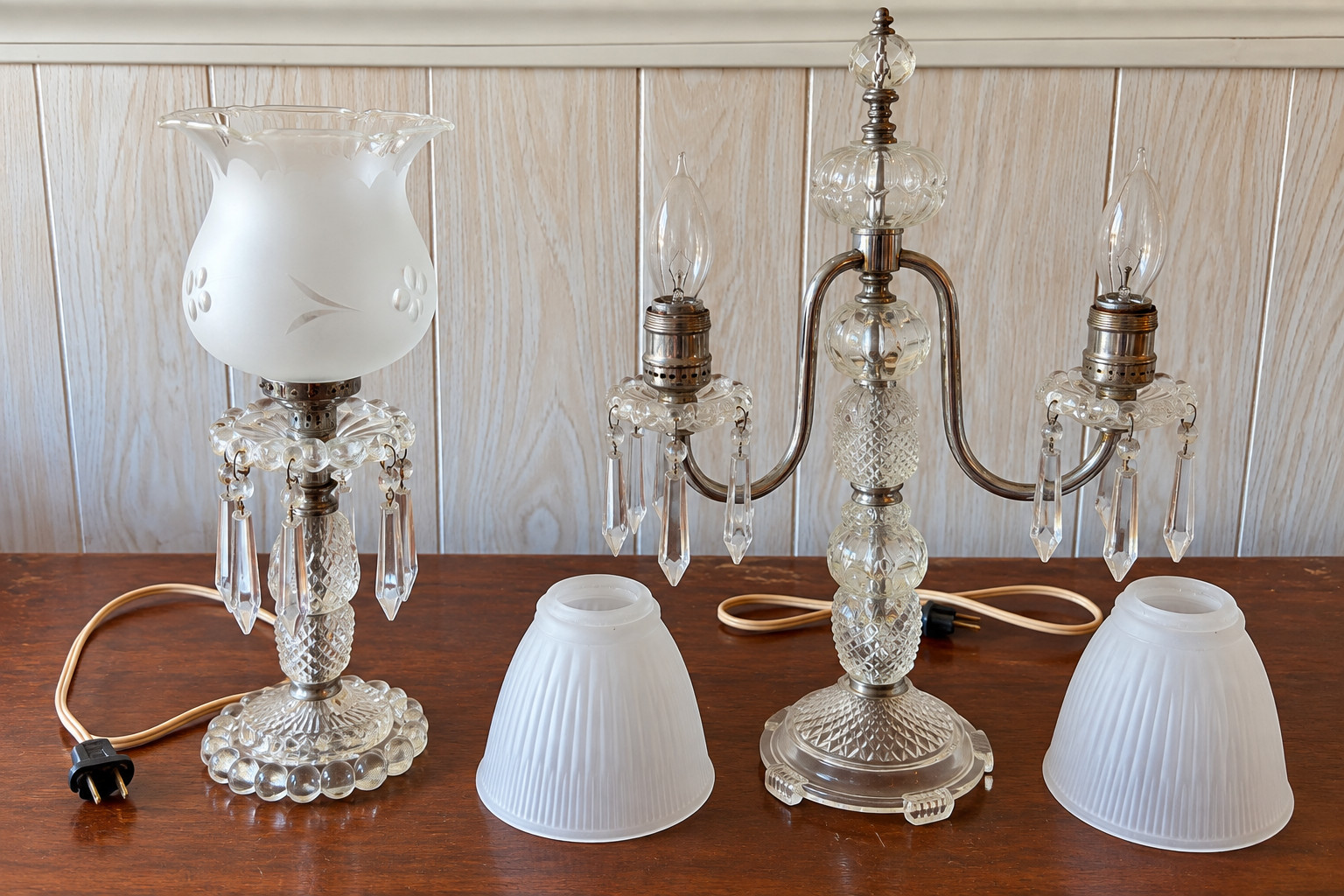 Vintage Crystal Glass Lamp Set 2-Arm + Single Boudoir Lamps Prisms Frosted Shade