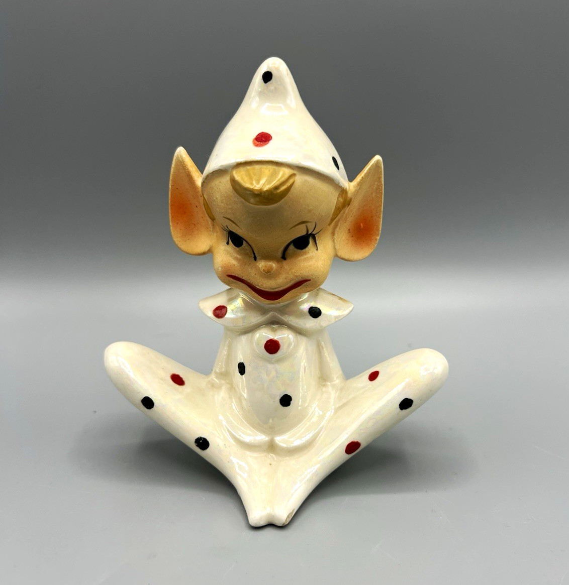 Vintage Ceramic  Elf/Pixie Figurine White Red & Black Polka Dots Pointed Hat