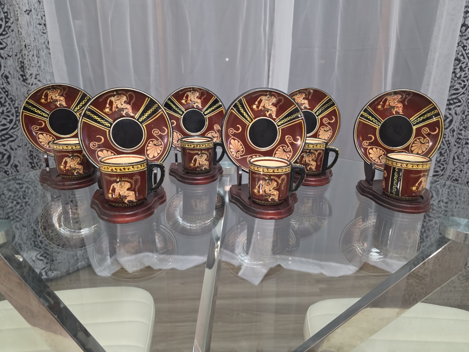 Set Of 6 Vintage Greek Demitasse Cups, Saucers, And Wooden Stands