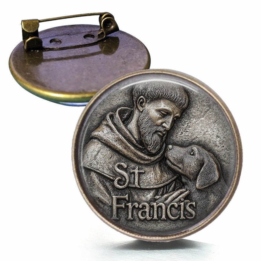 St Francis Pin Bronze Setting Glass Dome Patron Saint of Animals Ecology & Peace