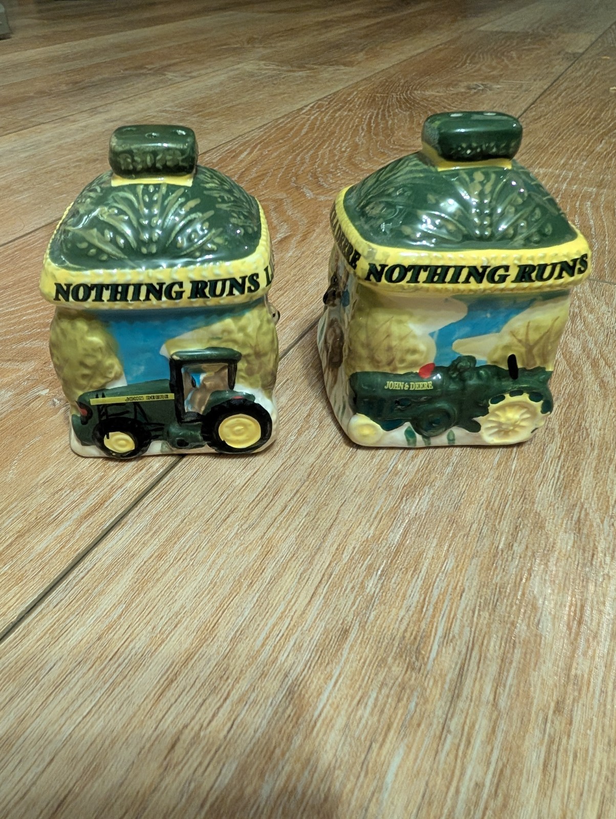 Vtg John Deere Ceramic Salt and Pepper Shakers Set - Nothing Runs Like A Deere