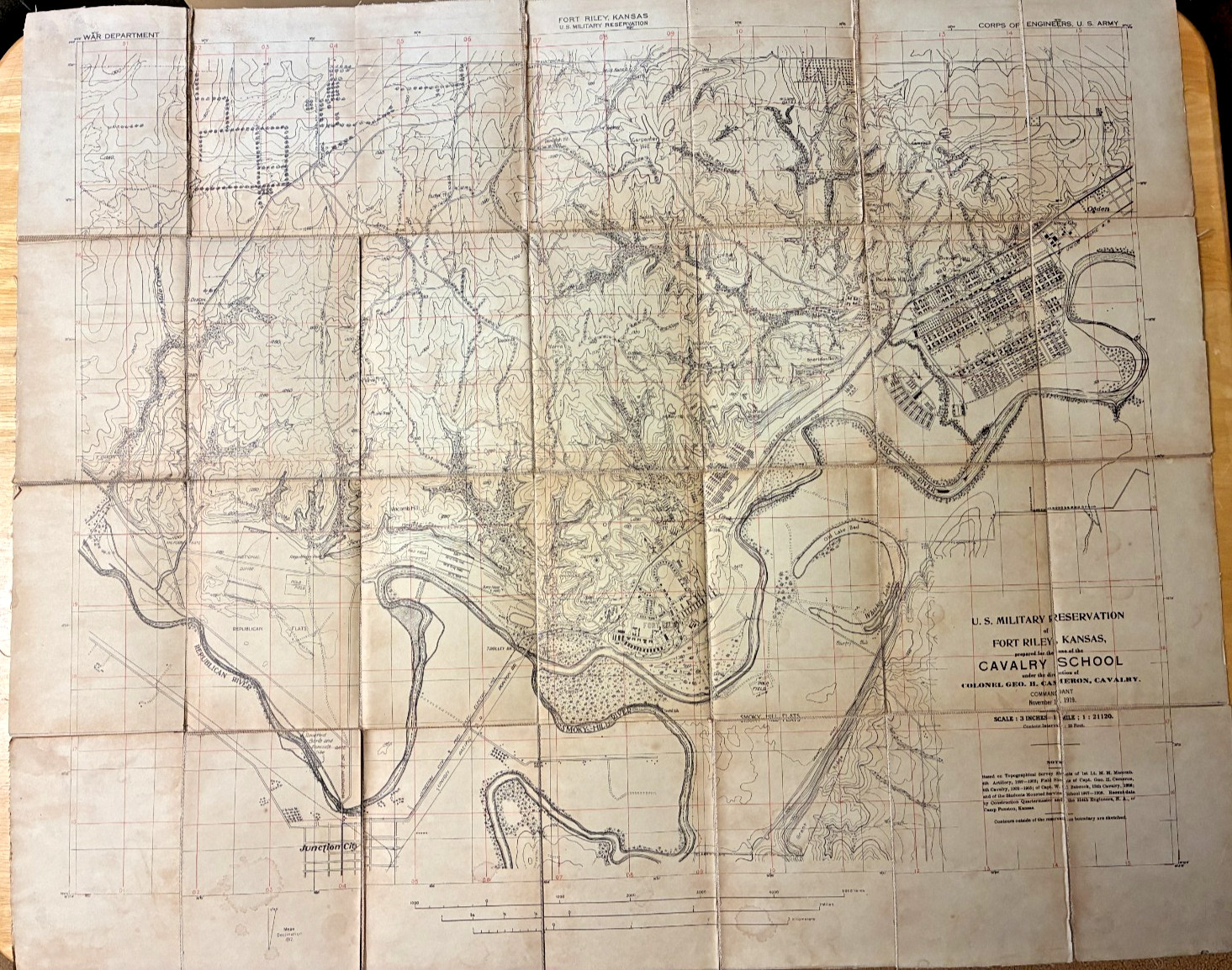 WWI 1918 Fort Riley Kansas Map Corps of Engineers Colonel Cameron Major Baird