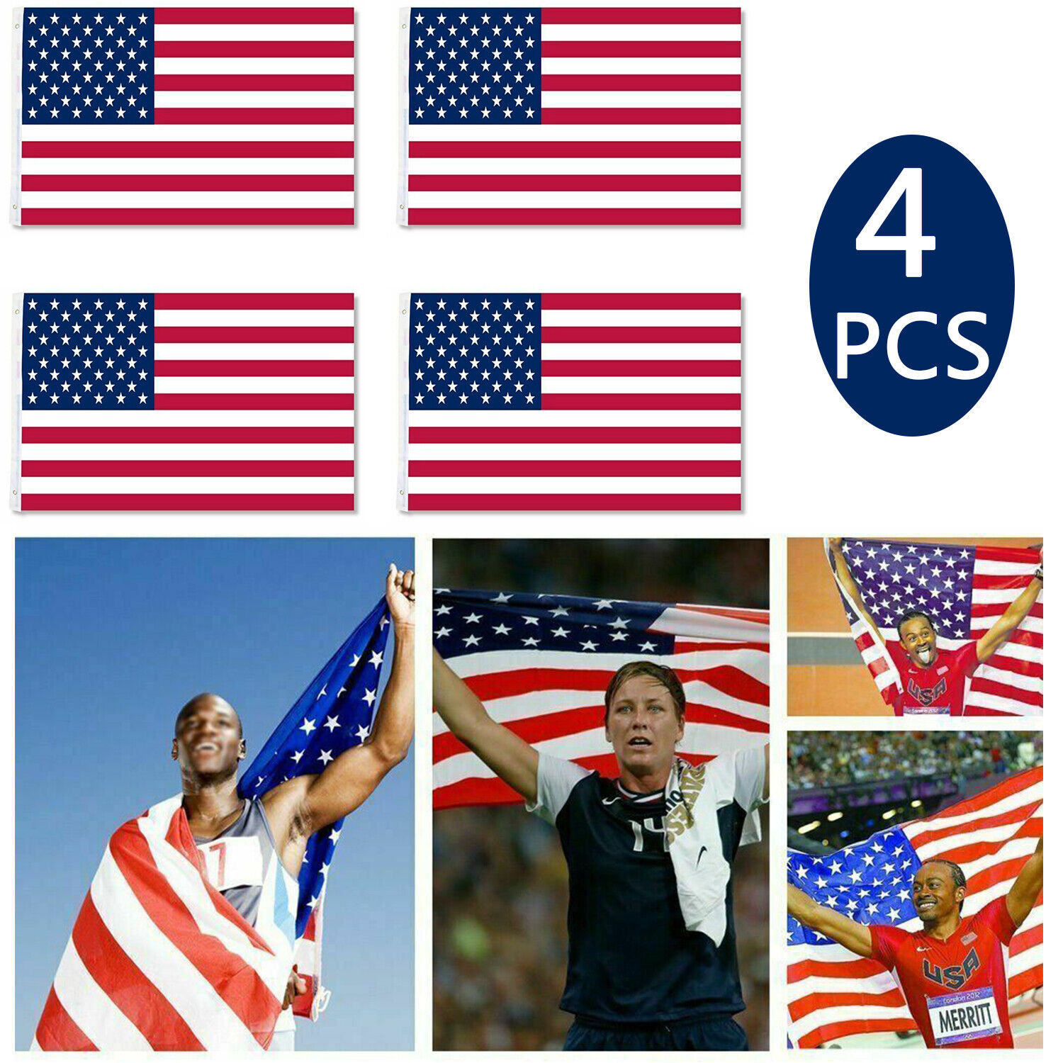 4pcs 4'x6' ft American Flag Stars Brass Grommets USA US Polyester Printed Decor