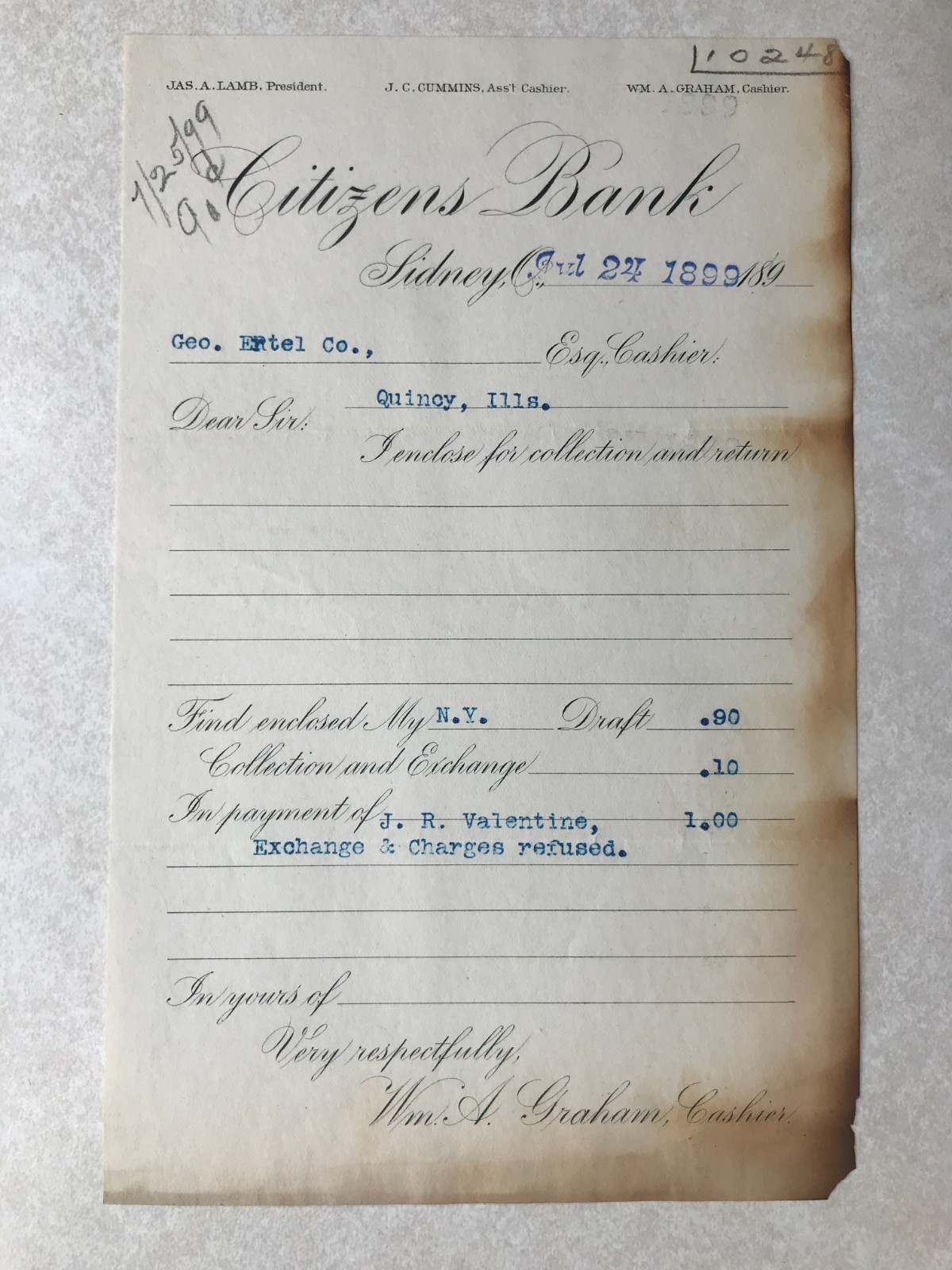 Vintage Citizens Bank, Sidney Ohio OH 1899 Letterhead letters SBJ63