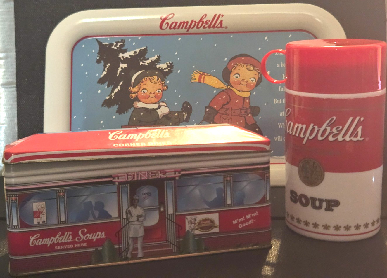 Campbells Soup Advertising 3pc Collectors Lot Metal Tray, Tin Box & Soup Thermos
