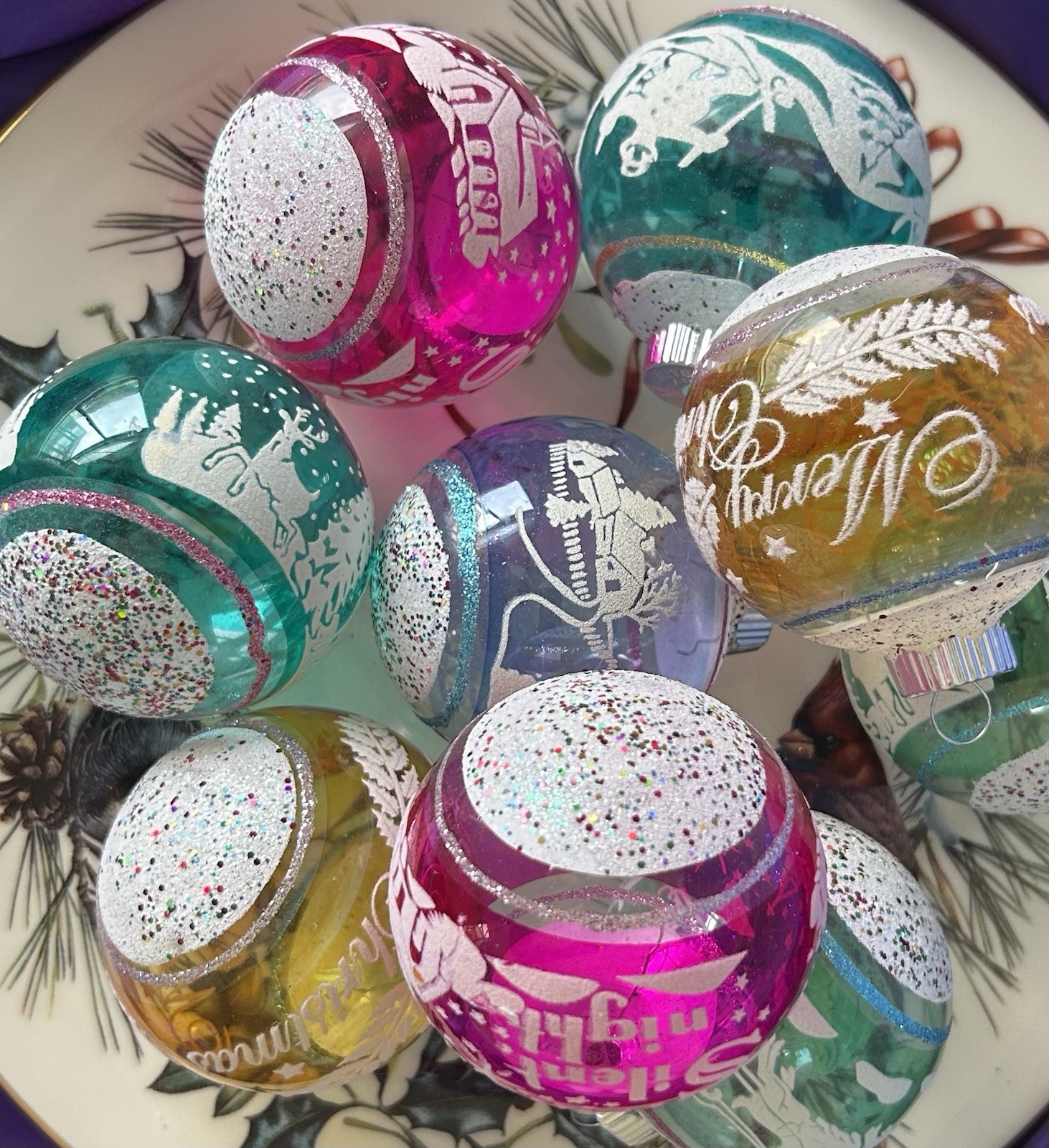 Christopher Radko Shiny Brite FLOCKED ROUNDS Set of 9 Ornaments Christmas, 2.5