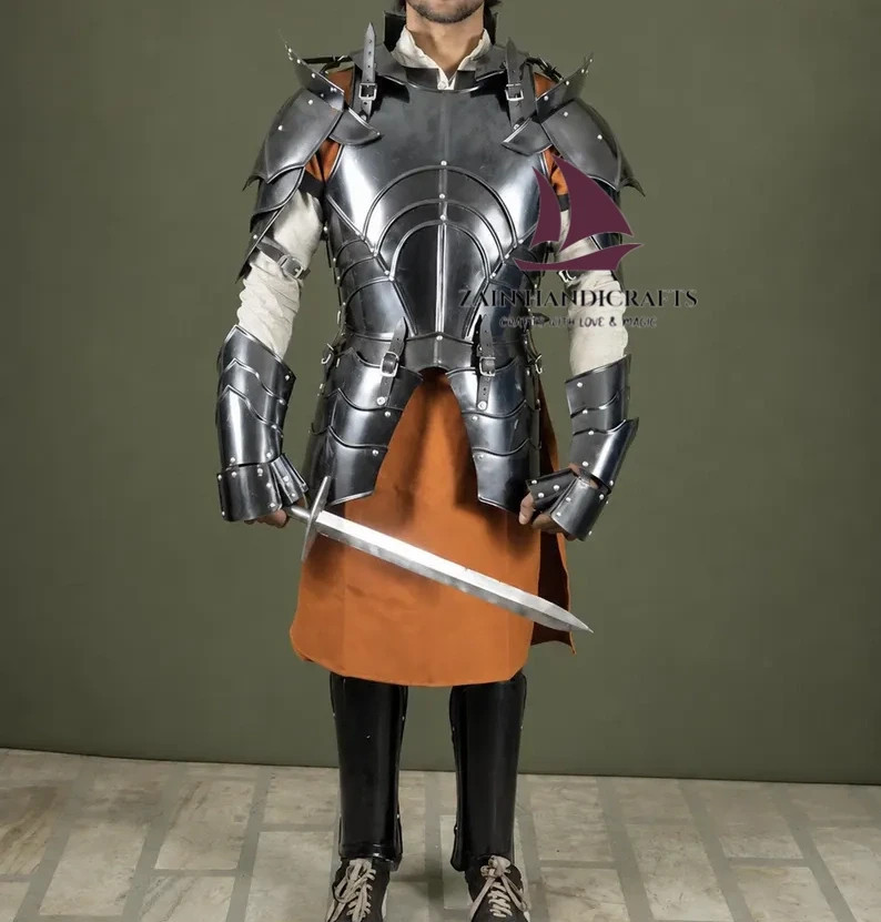 ZAIN Medieval Black Steel Armor Set Gothic Cuirass Pauldrons Vambraces Halloween