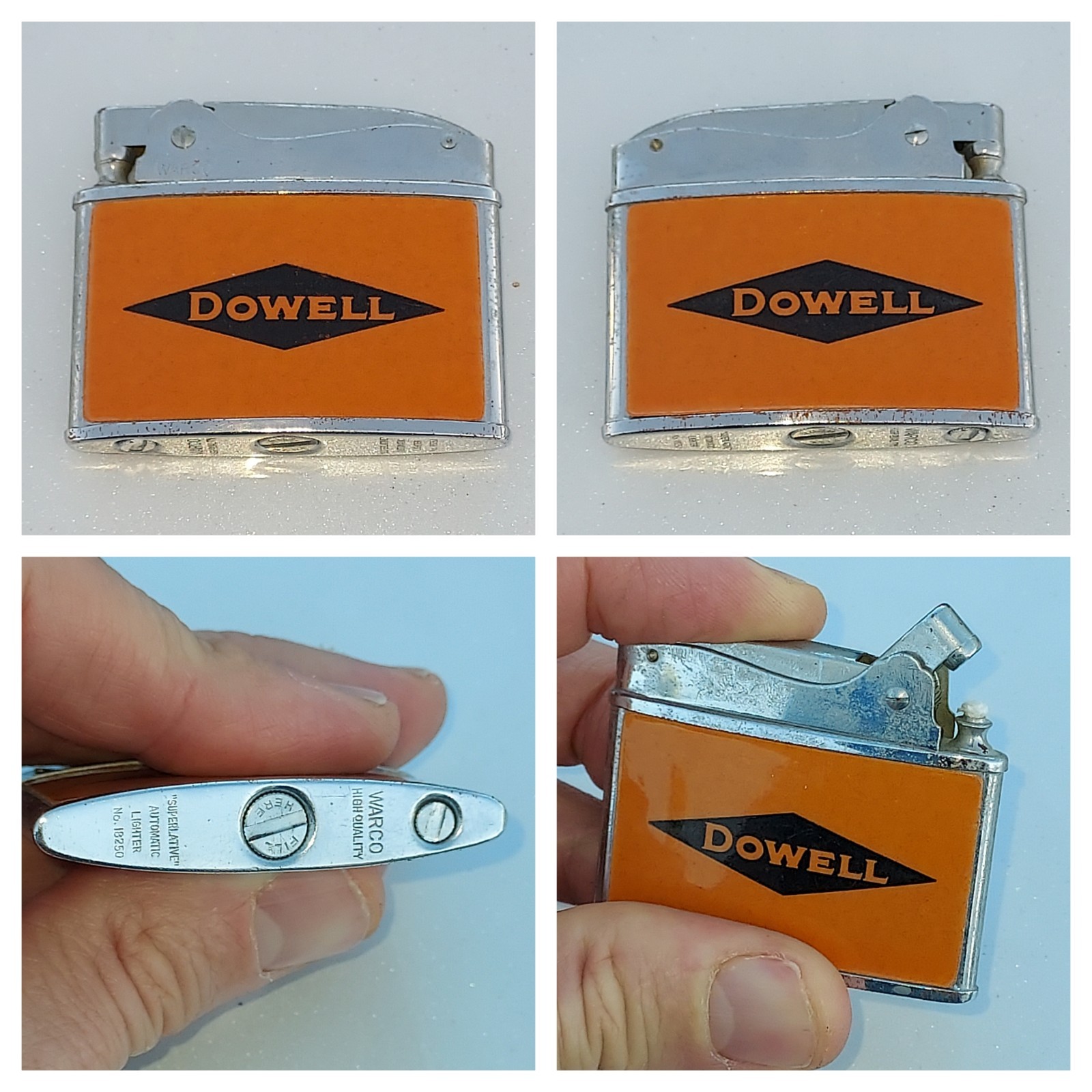 Vintage 1950's Warco Lighter Dowell Oil Field Chemical Service Orange Black Sign