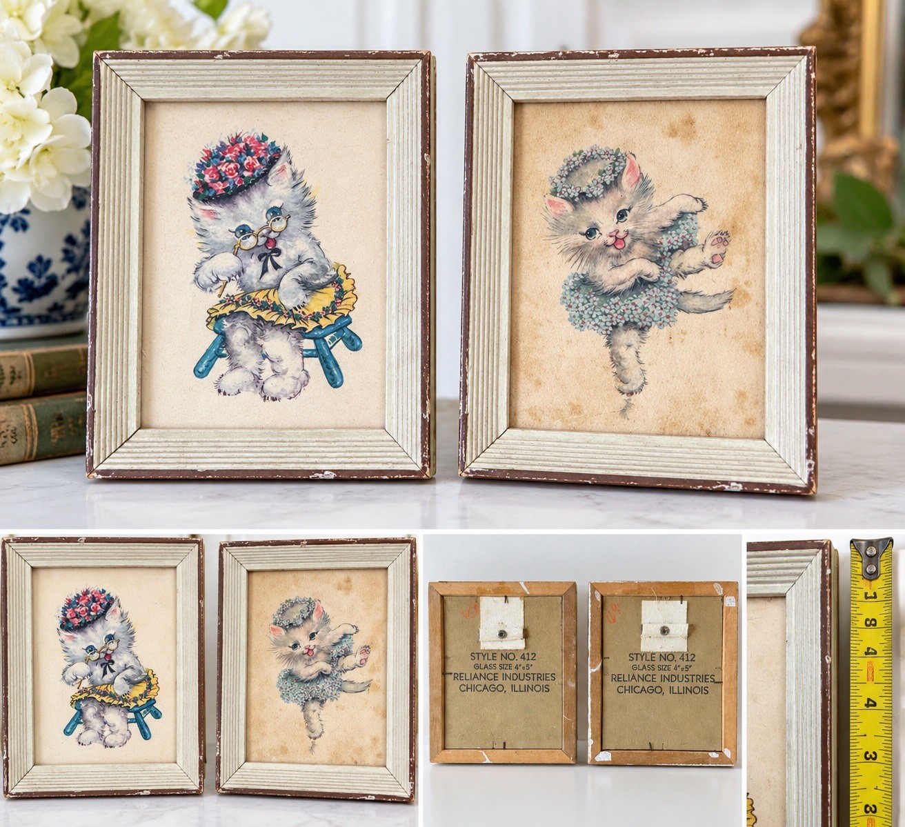 Vintage Kitten Cat Framed Prints Pair Reliance 412 MCM Kitsch Nursery Wall Art