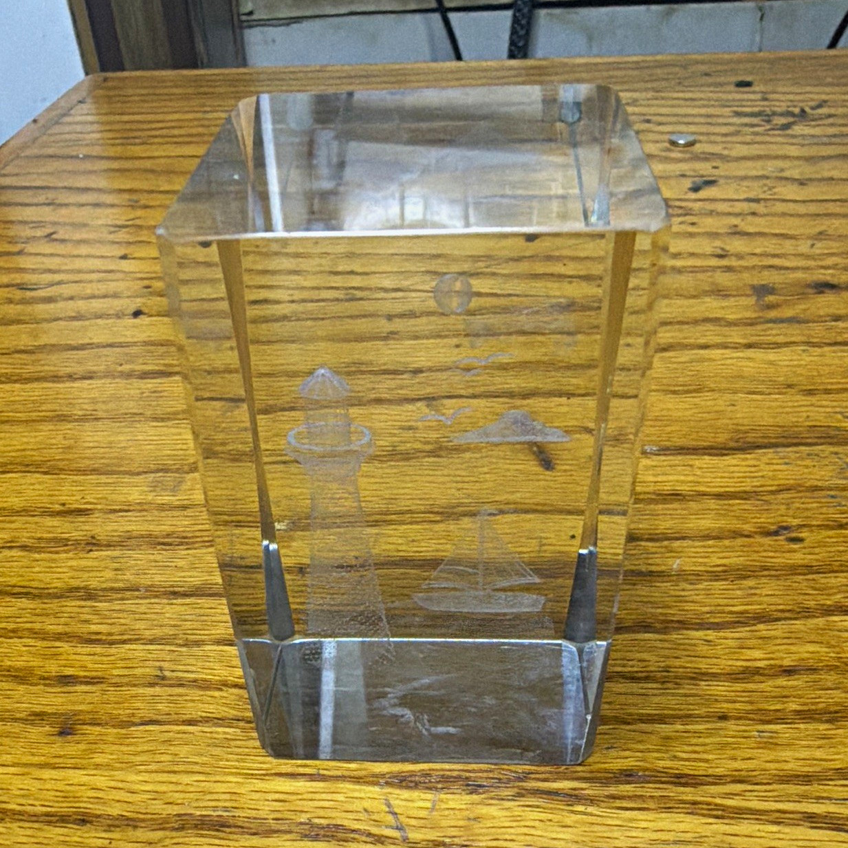 Clear Glass Paperweight with Etched Lighthouse & Sailboat Design Scene