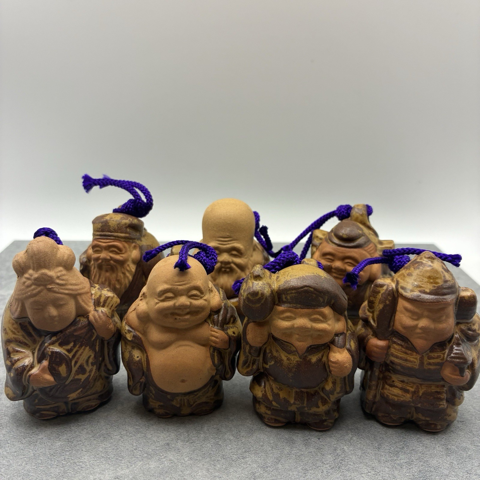 Vintage Japanese Shichifukujin 7 Gods Ceramic Dorei Bells Folk Art Set w/ Box