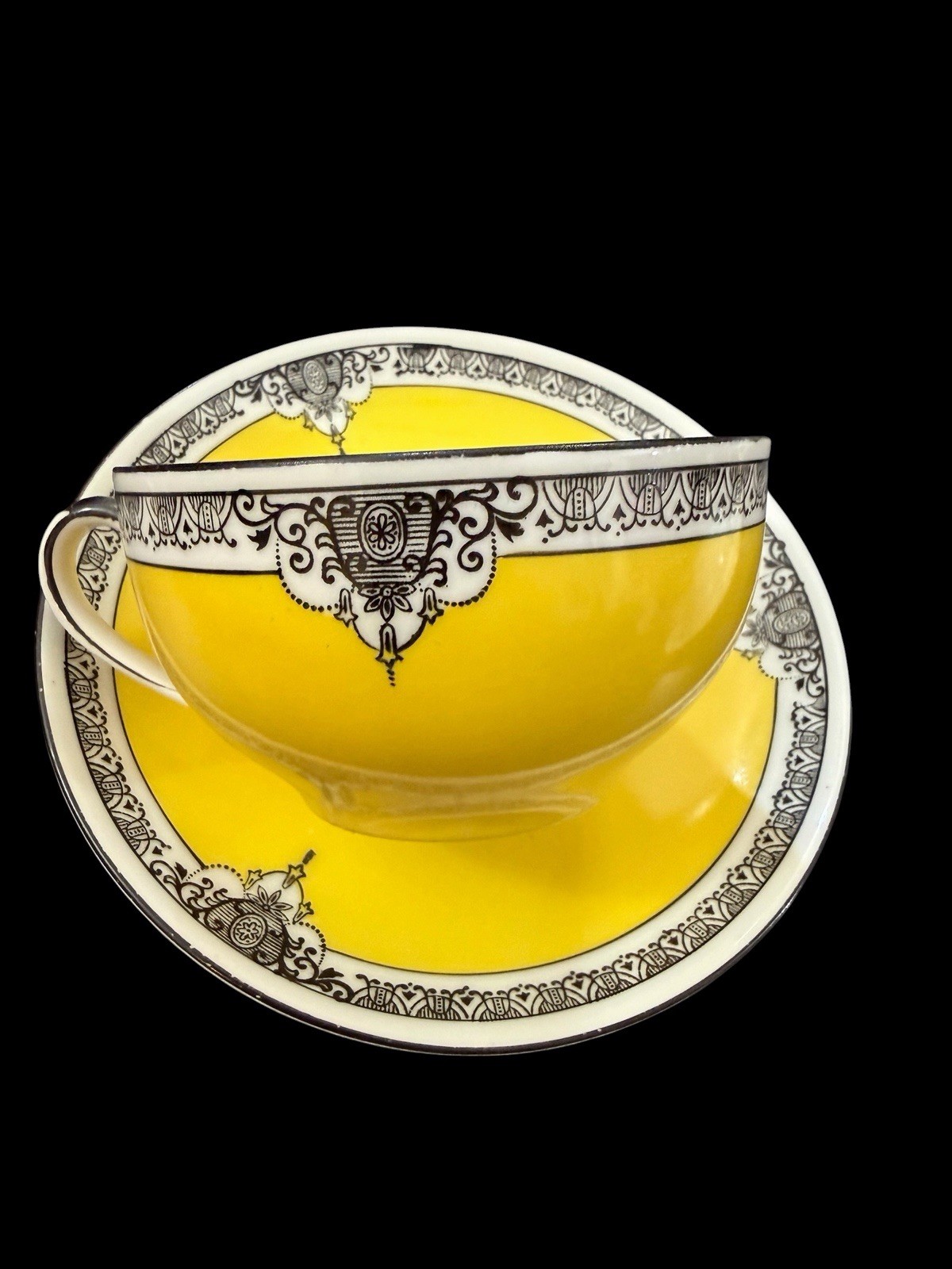 Antique Noritake Teacup Saucer Art Deco Yellow Black Hand Painted Japan c. 1930