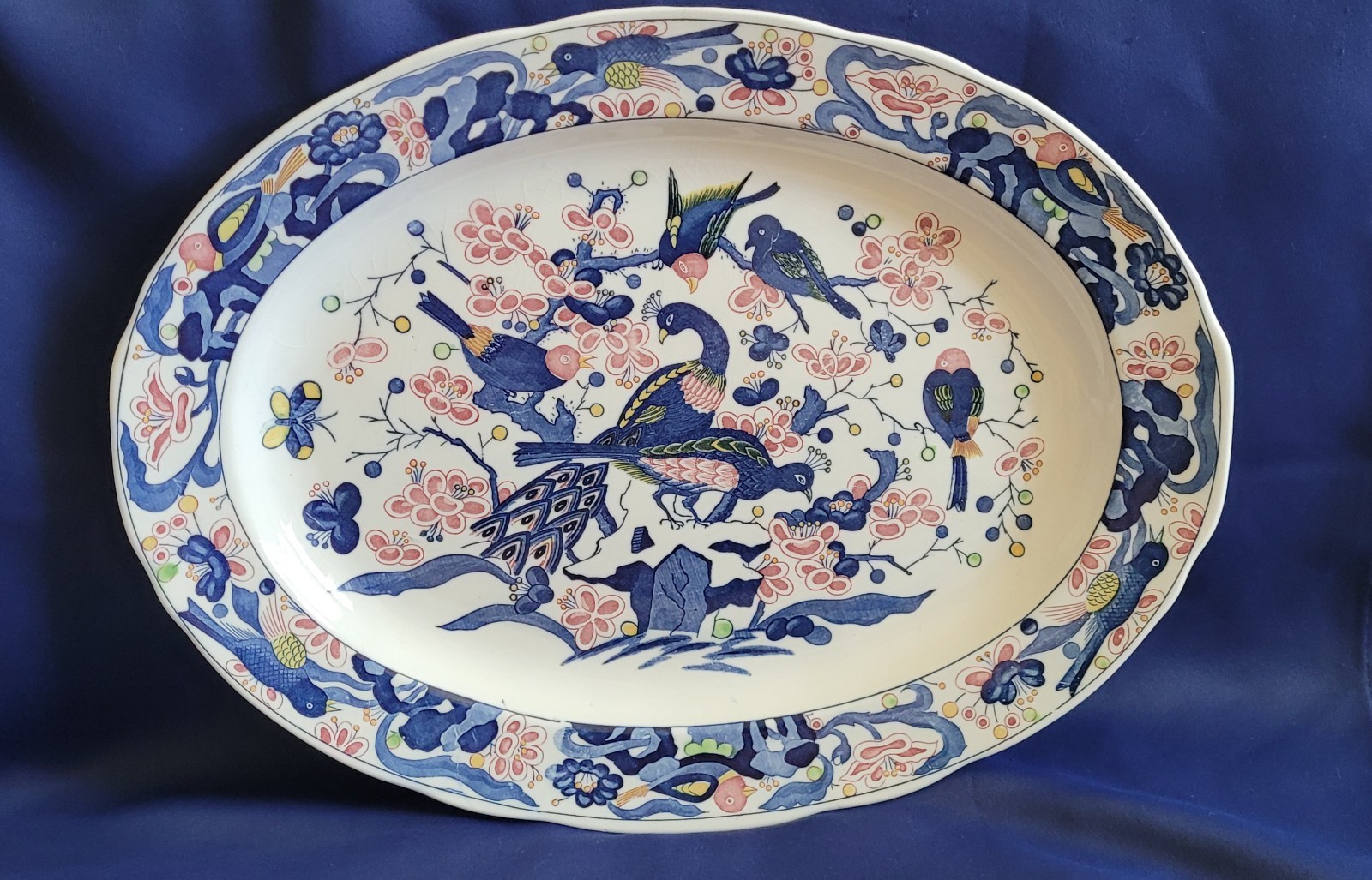 Vintage Japanese Tree Of Life Peacocks Birds Handpainted Platter Tray