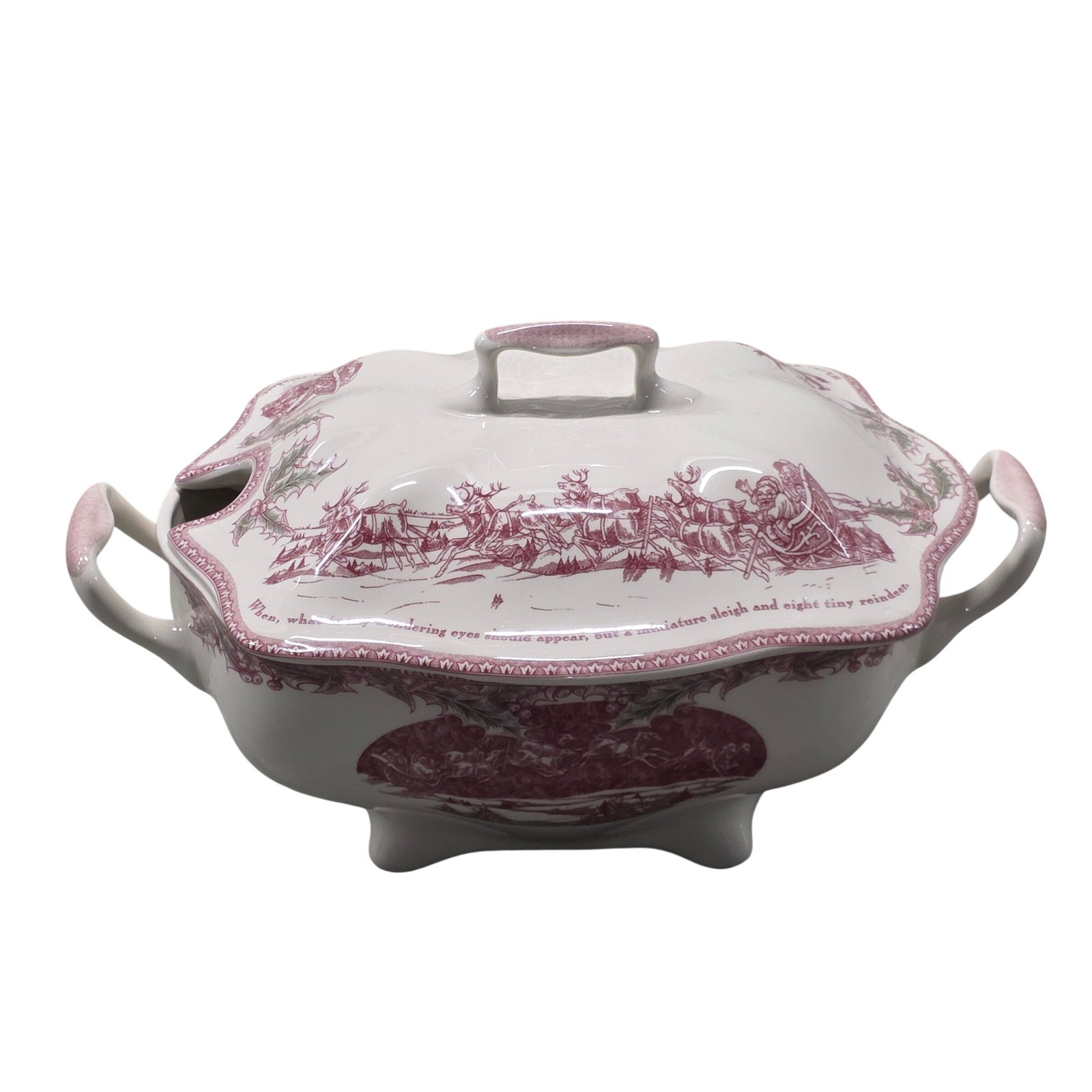 Johnson Brothers Twas The Night Soup Tureen Pink Christmas Reindeer Poem England