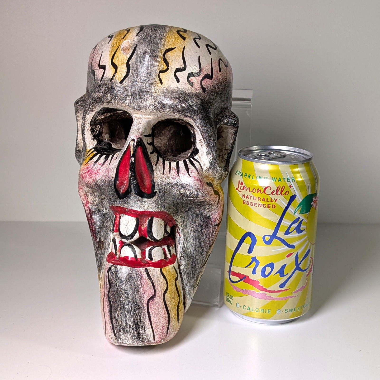 Wooden Skull Mask Sculpture Mexican Folk Art Calavera Moving Jaw Macabre 9