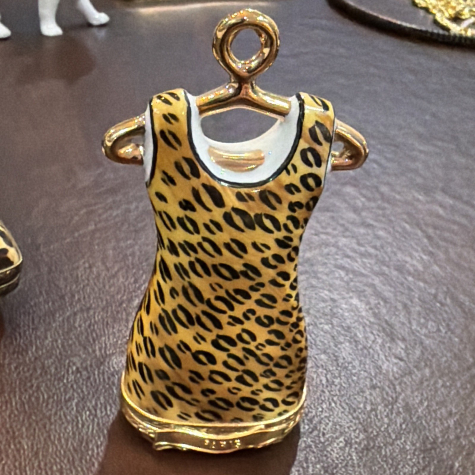 Limoges trinket box animal print dress  Ateuer de on gold hanger France 