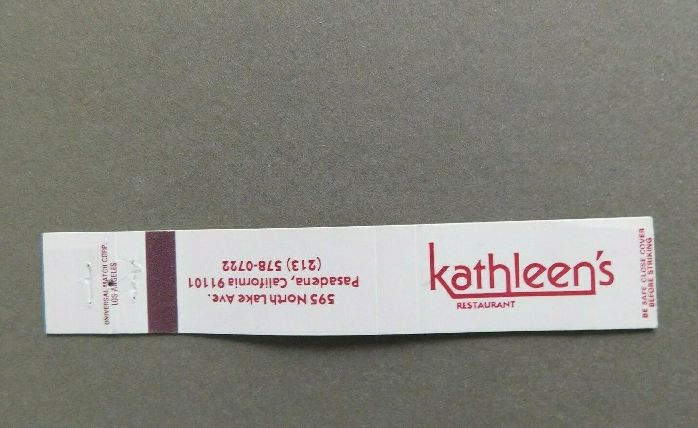 Matchbook cover - Kathleen's Restaurant - N Lake Ave, Pasadena, California, CA