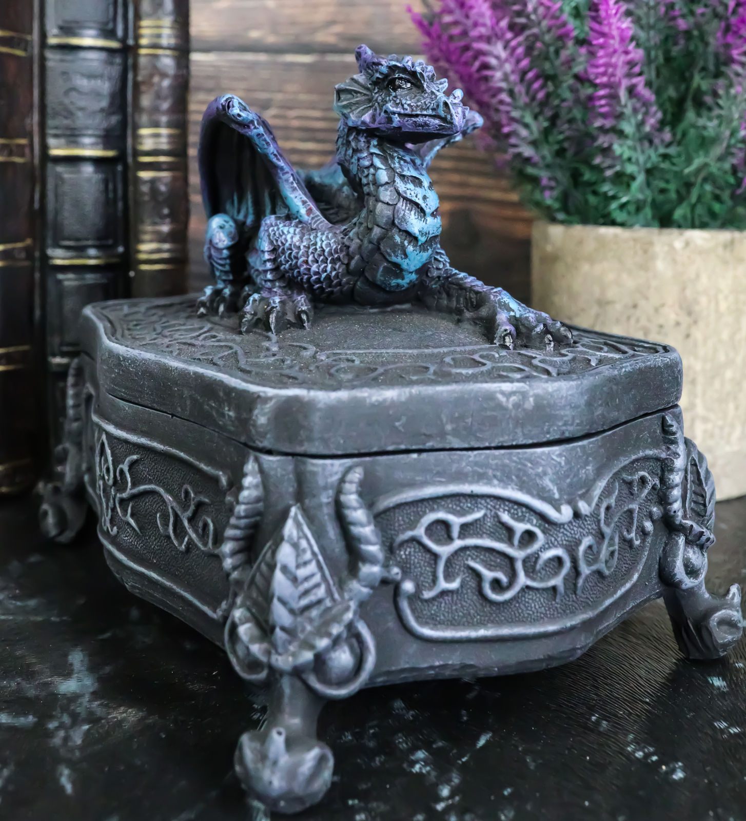 Medieval Midnight Dragon Crouching On Jewelry Box Figurine Sculpture Trinket