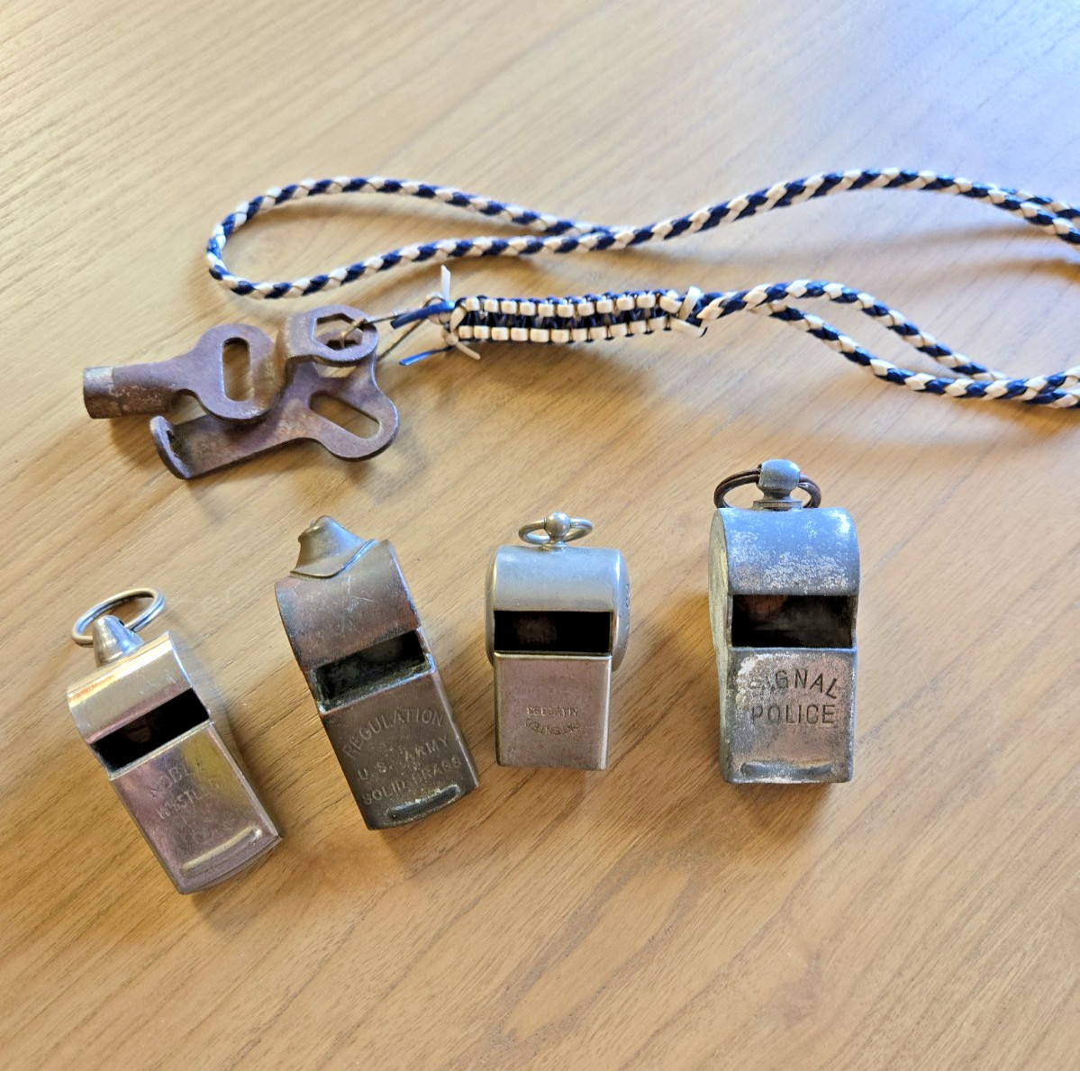 Lot Of 4 Antique Vintage Brass/Silver Whistles Police Army Reg. Noble Echo 1893