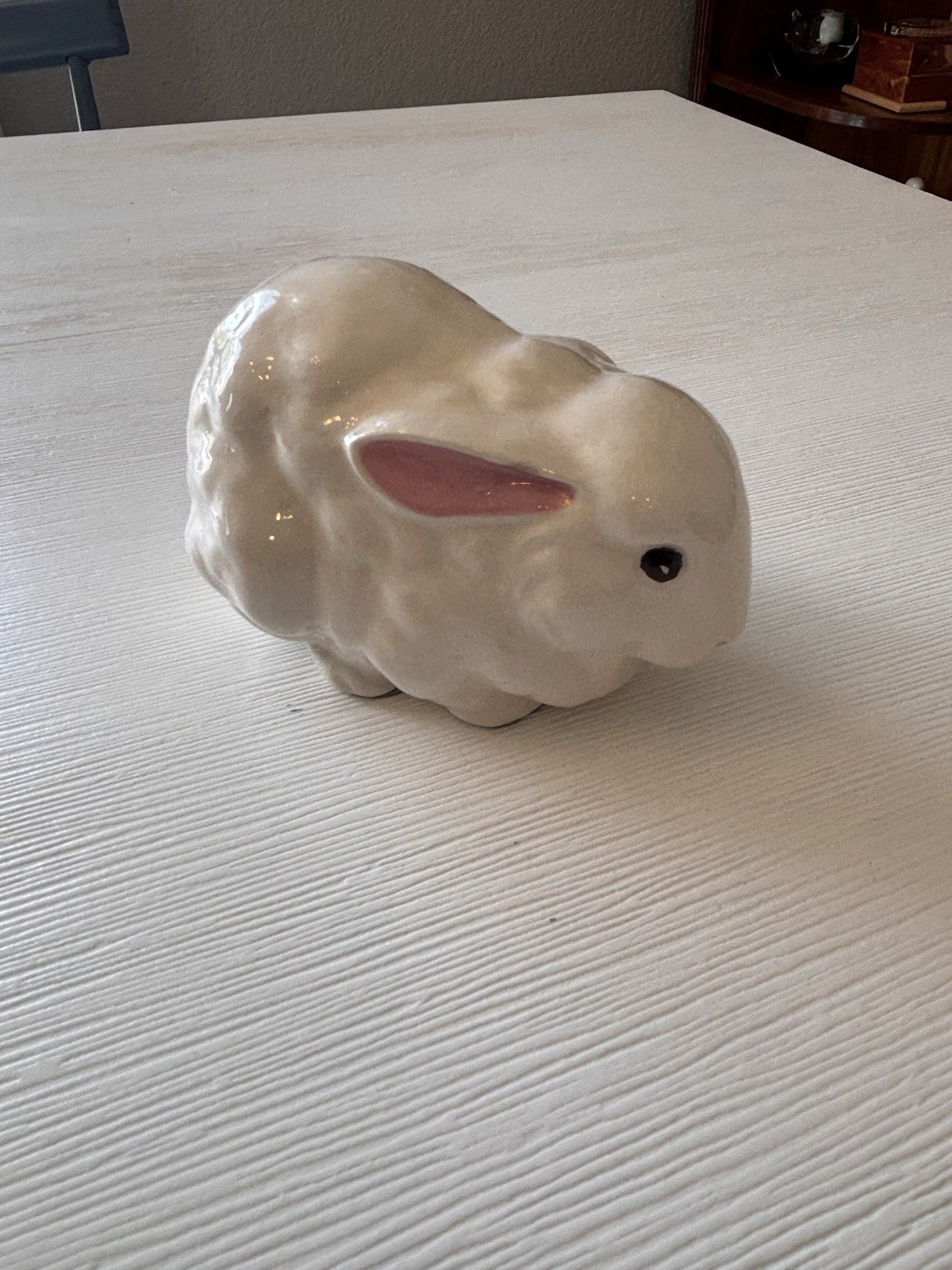 Vintage White Ceramic Bunny Rabbit Figurine Pink Ears Green Felt Base 5\
