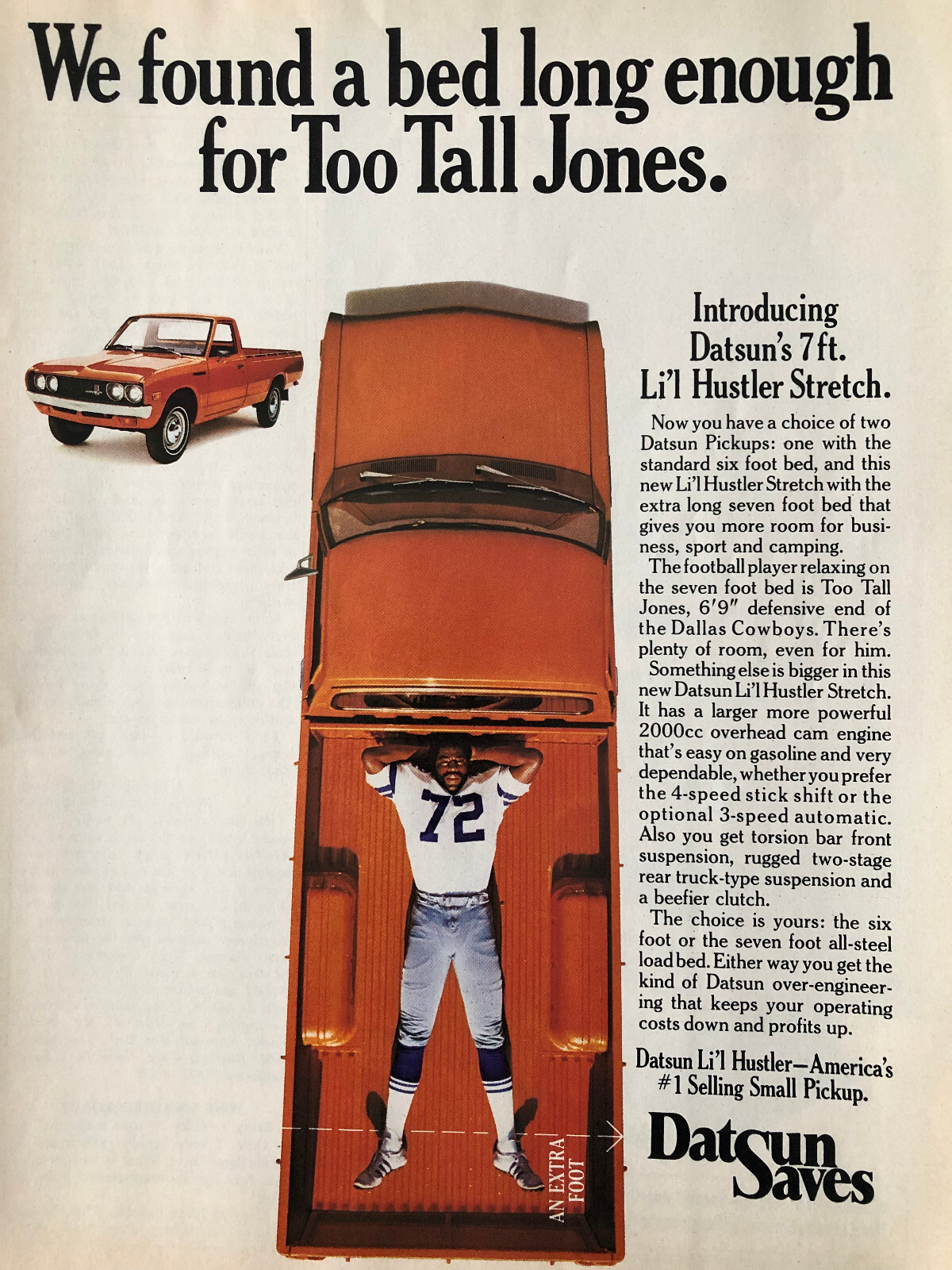1975 Datsun pickup truck Dallas Cowboys Ed Too tall jones original color ad A112