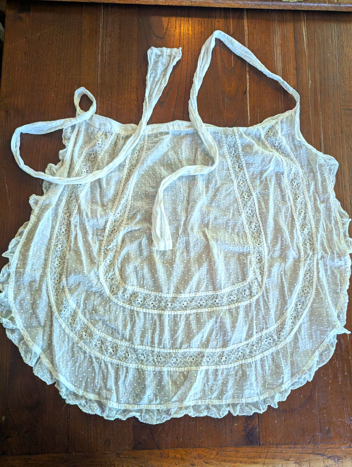 Antique Edwardian 1920s White Cotton Swiss Dot Insertion Lace Frilled Apron