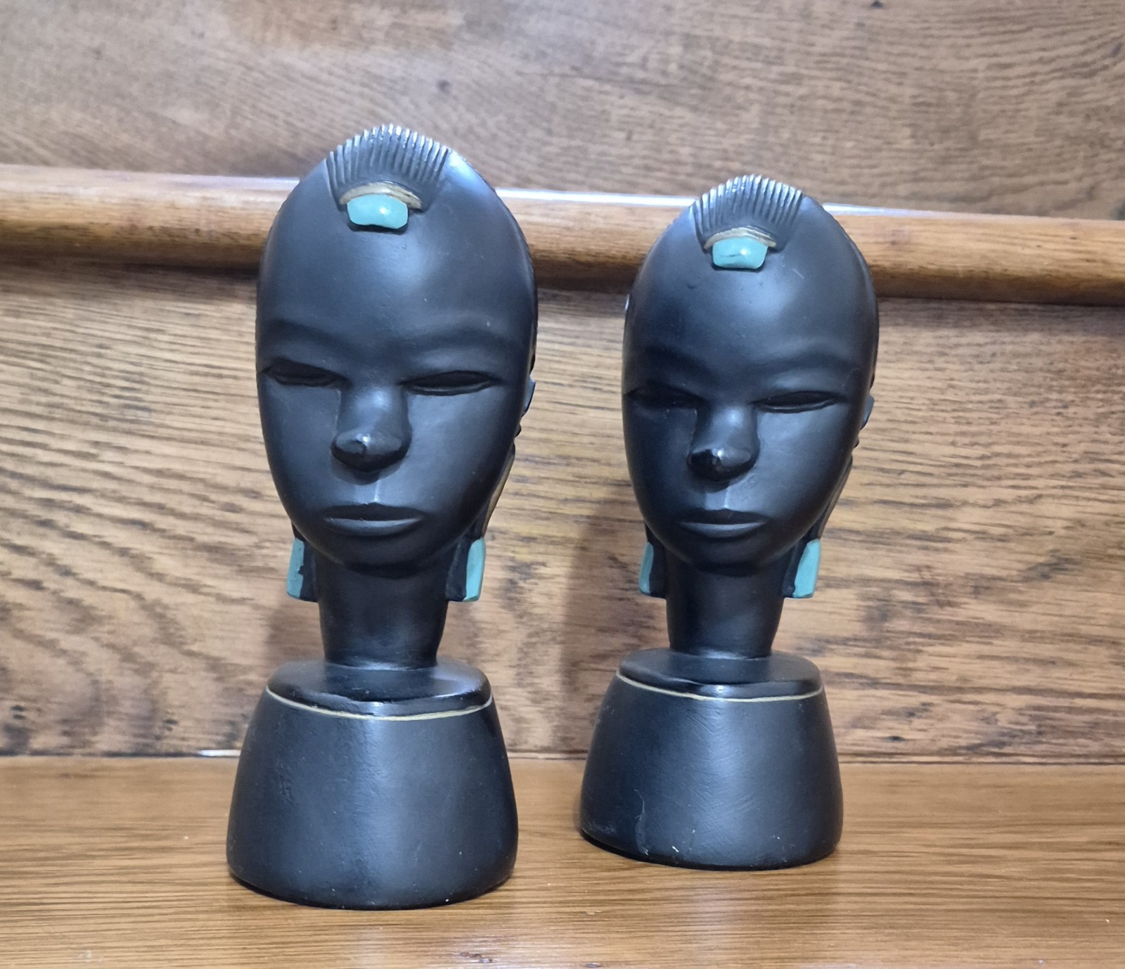 Vintage ABCO Black With Turquoise Details Chalkware Tribal Princess Bust Pair
