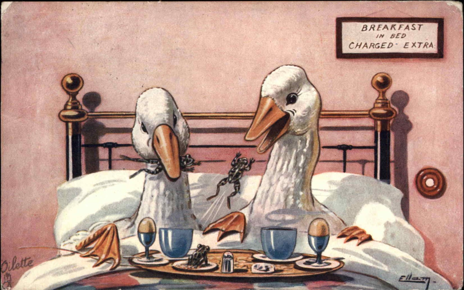 TUCK A/s ELLAM Geese BREAKFAST IN BED Animal Fantasy Antique Postcard