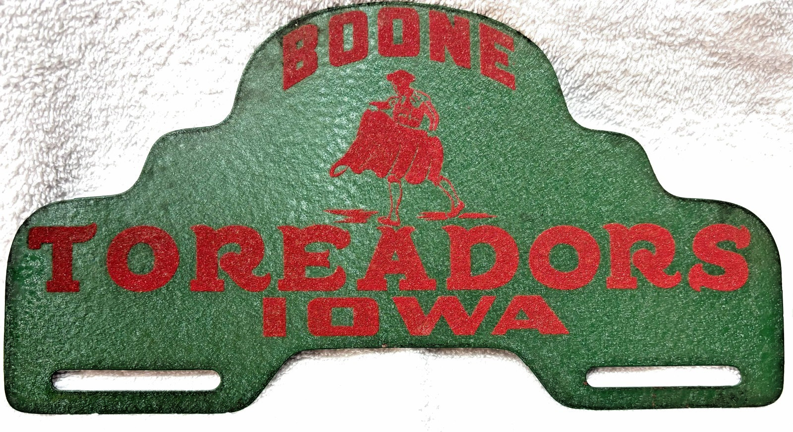 Vintage Boone Iowa High School Toreadors Mascot License Plate Topper