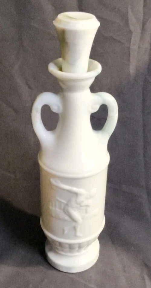Vintage Empty 1971 Jim Beam White Marbled Slag MilkGlass Olympic Discus Decanter