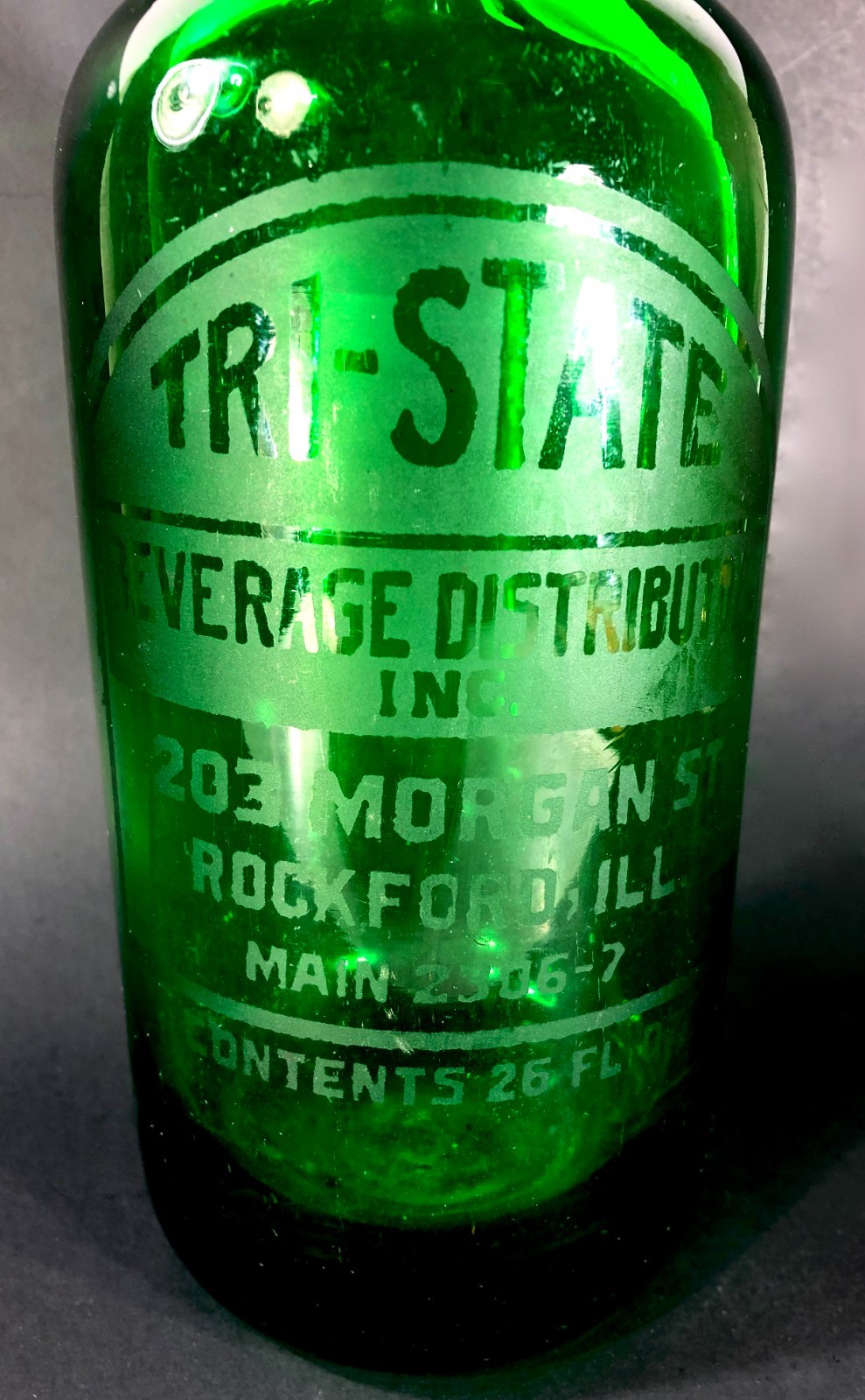 Vintage 1930 - 1960 Tri State Beverage Rockford IL  Etched Glass Advert Bottle