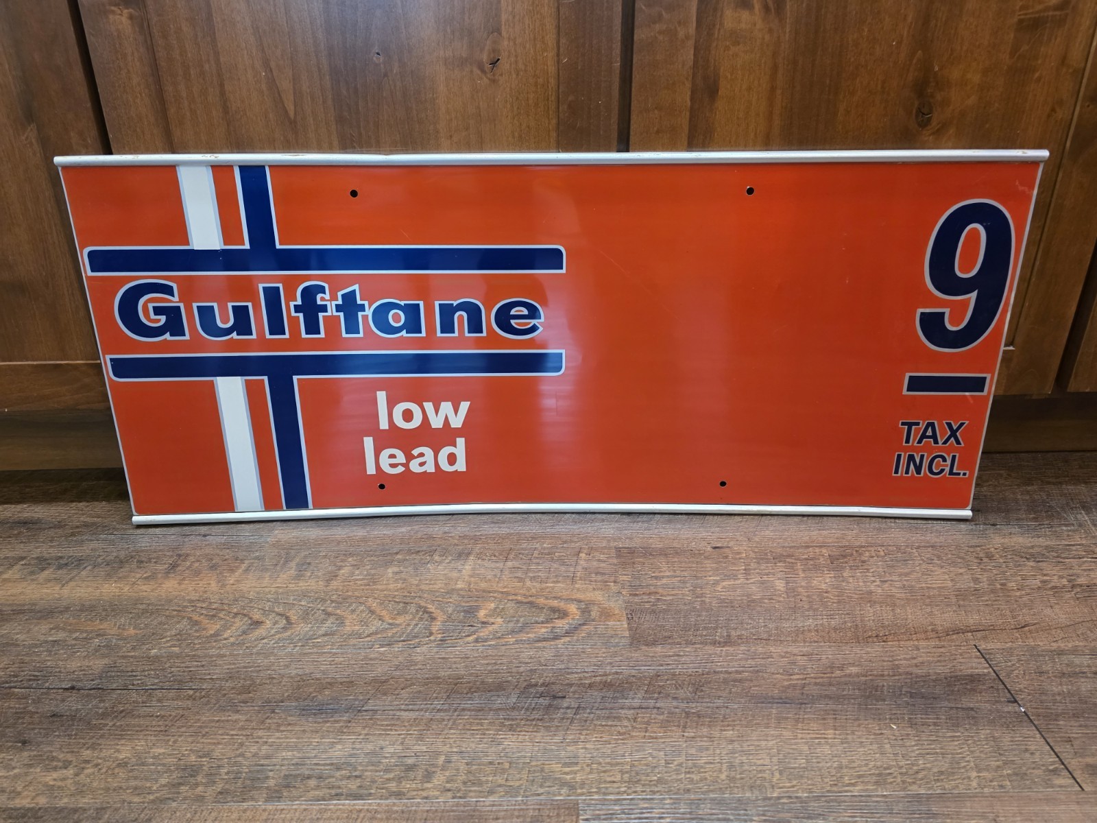 Vintage 1960s Gulf Gulftane Low Lead Gas Pump Plate Metal Double Sided Sign NOS 