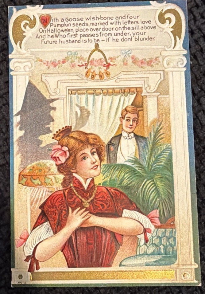 1911 Halloween Pretty Woman Love Wishbone Man On Window Winsch Back Postcard