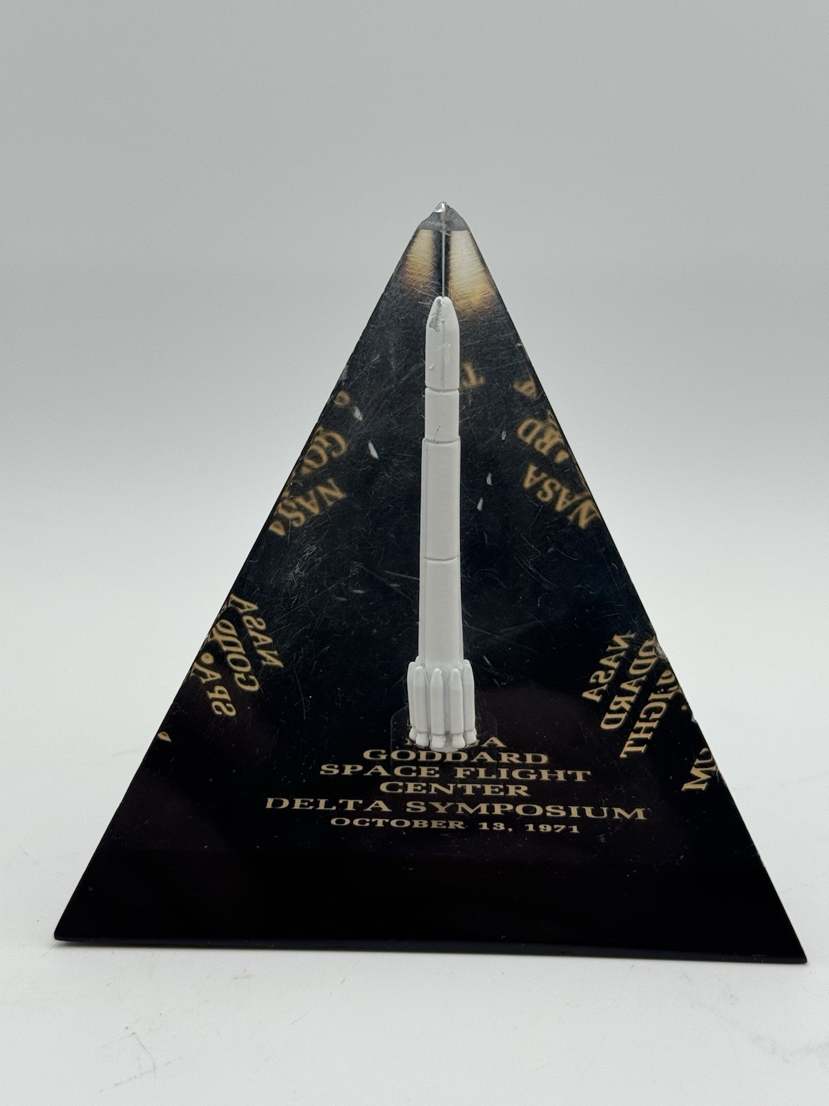Rare 1971 NASA Goddard Space Flight Delta Rocket Desk Award Paperweight FLAWED