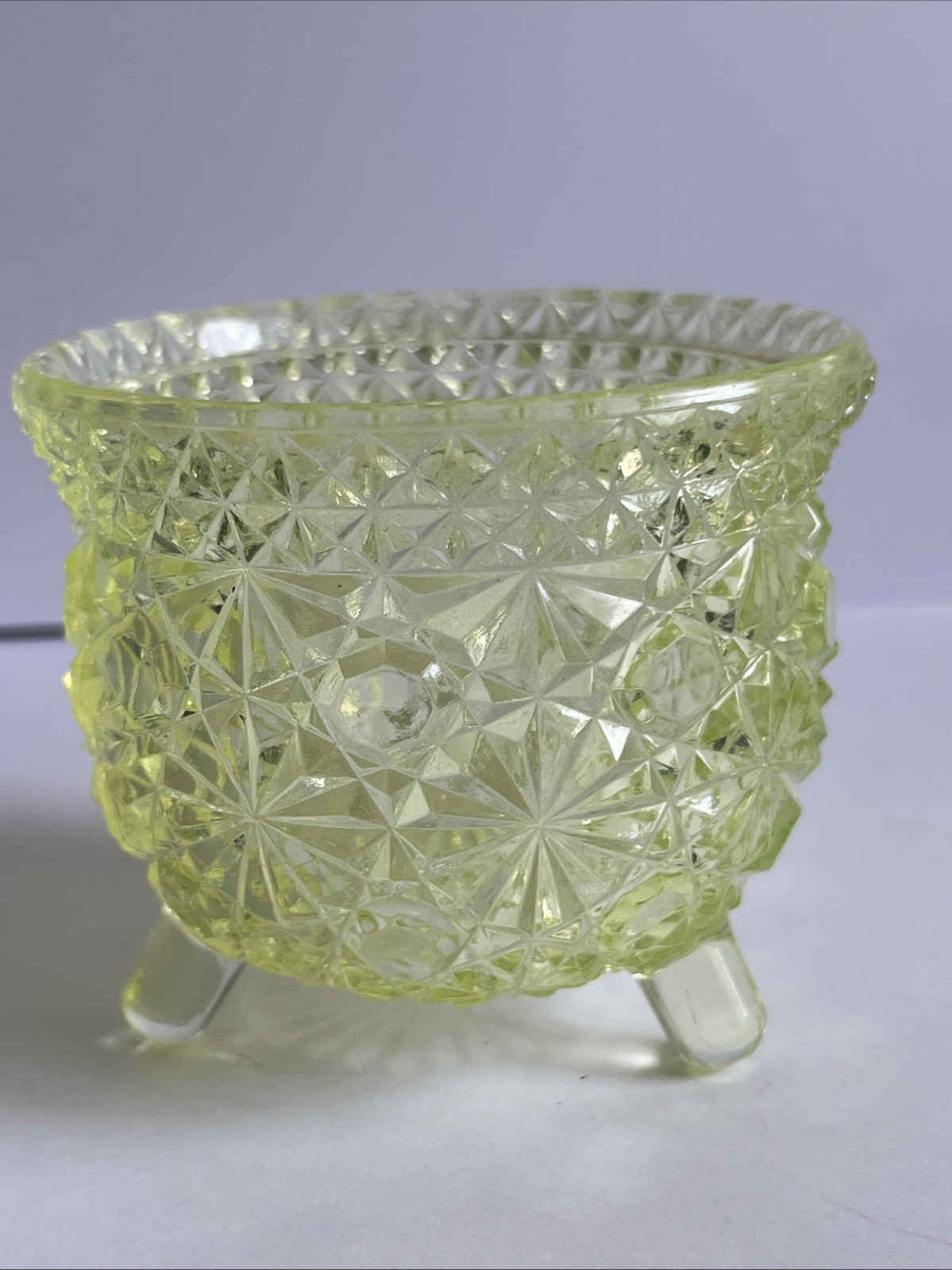 EAPG Bryce bros. Fashion Daisy&Button Vaseline Glass 3 Footed Toothpick Holder