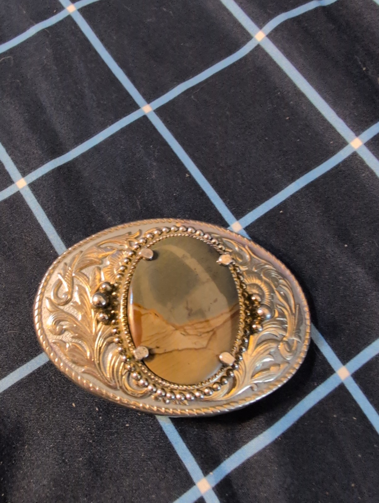 Vintage Western Belt Buckle Jasper Stone Please Medallion Mcm 1960s Old West
